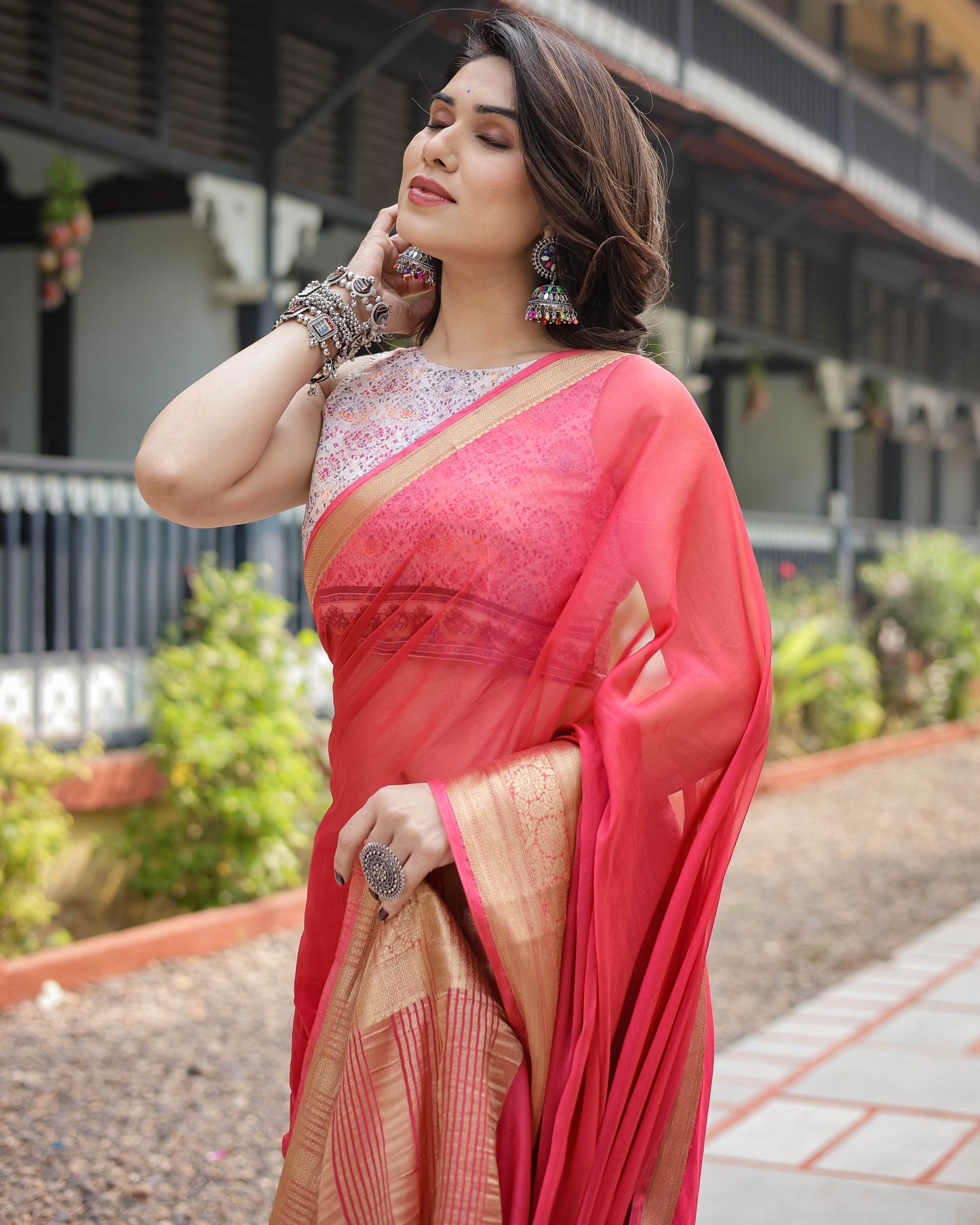 Radiant Rose Red Plain Chiffon Saree with Gold Zari Border, Intricate Printed Blouse & Tassel Accents - SEEANS