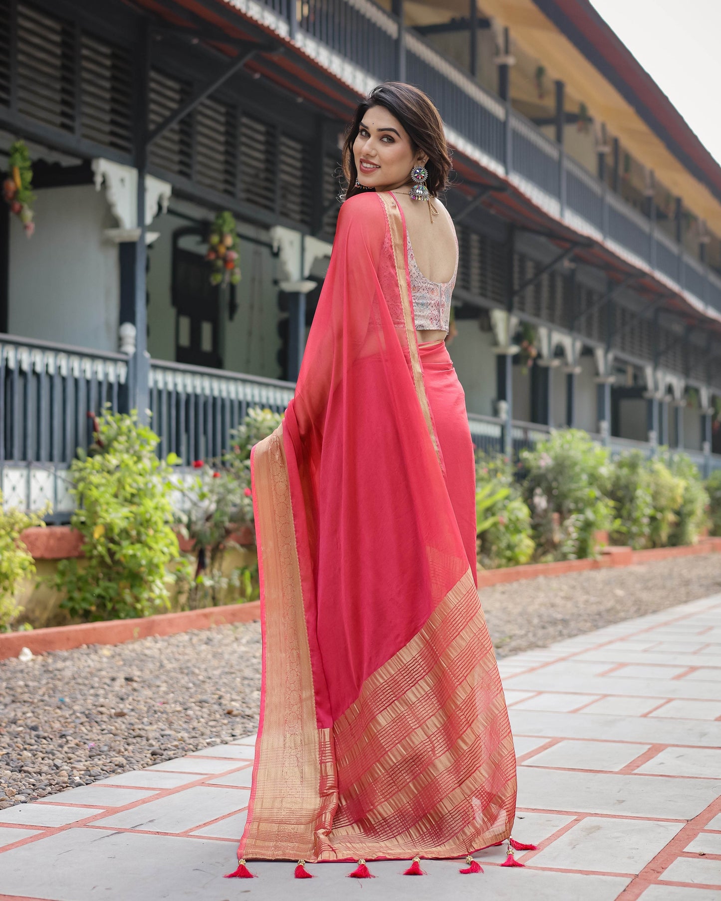 Radiant Rose Red Plain Chiffon Saree with Gold Zari Border, Intricate Printed Blouse & Tassel Accents - SEEANS