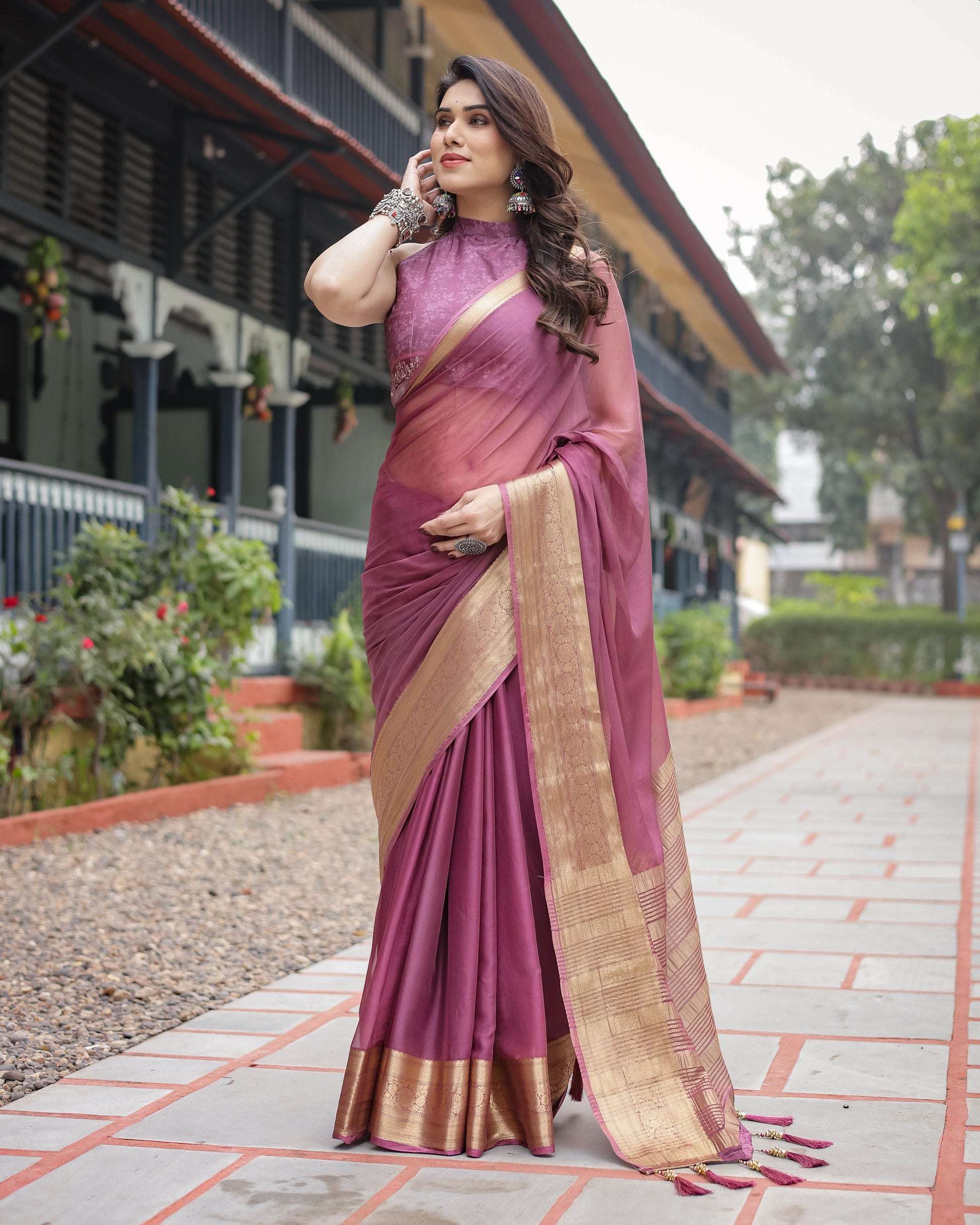 Sophisticated Mauve Plain Chiffon Saree with Gold Zari Border, Matching Printed Blouse & Tassel Detailing - SEEANS