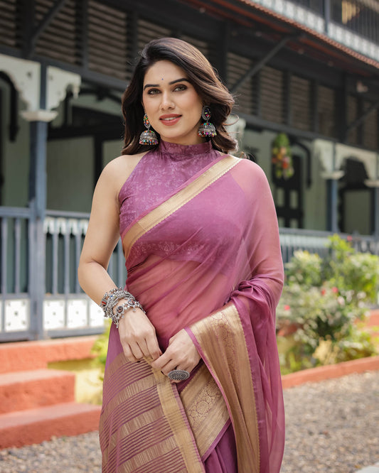 Sophisticated Mauve Plain Chiffon Saree with Gold Zari Border, Matching Printed Blouse & Tassel Detailing - SEEANS