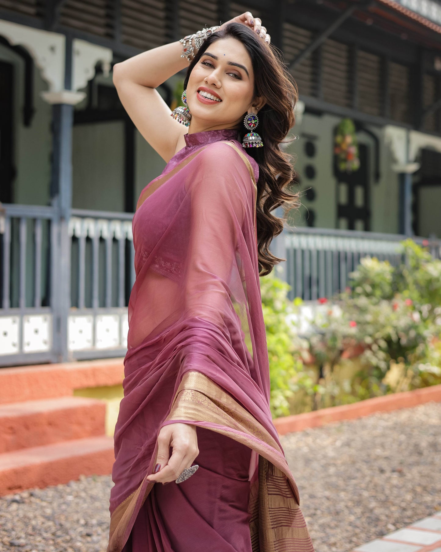 Sophisticated Mauve Plain Chiffon Saree with Gold Zari Border, Matching Printed Blouse & Tassel Detailing - SEEANS