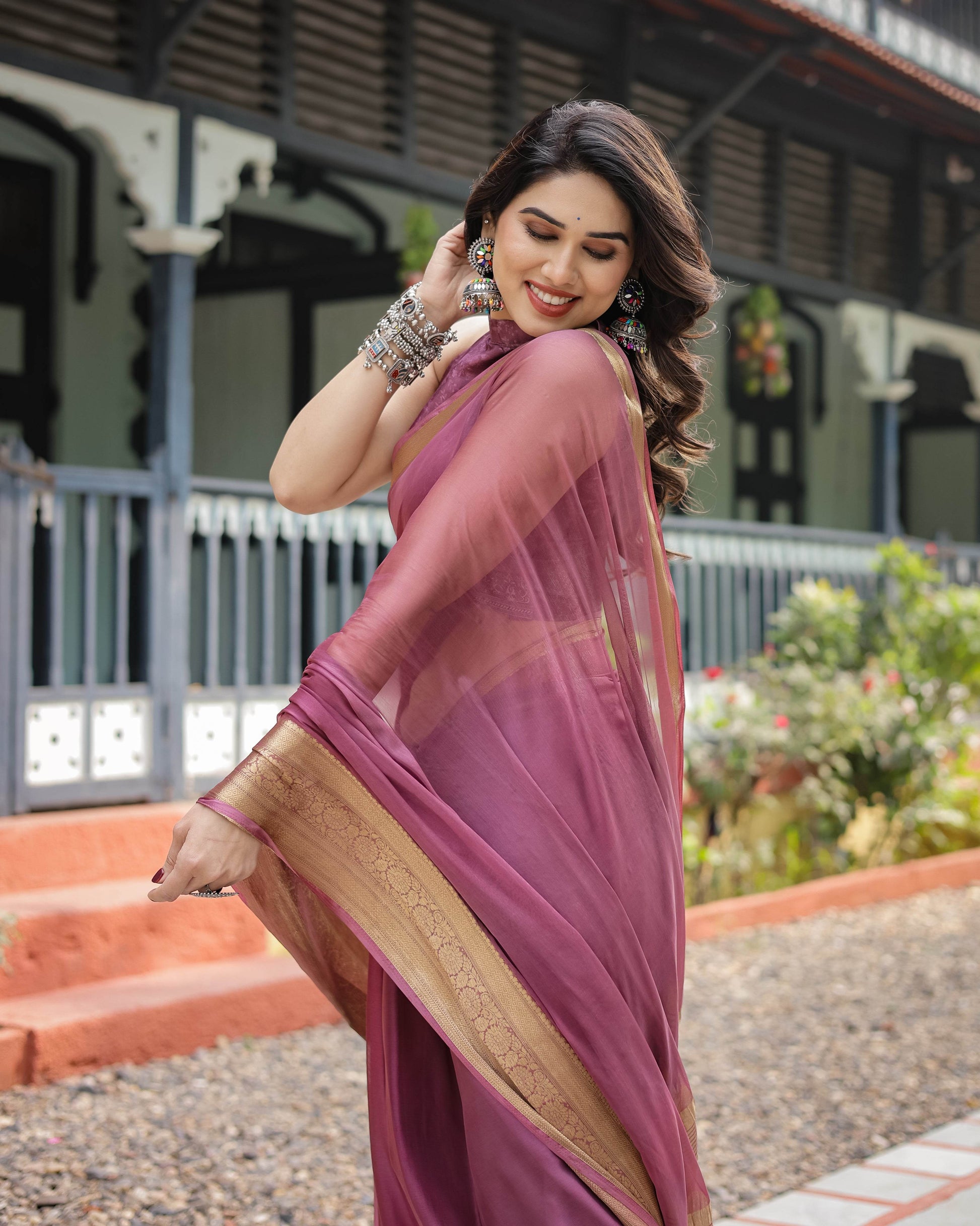 Sophisticated Mauve Plain Chiffon Saree with Gold Zari Border, Matching Printed Blouse & Tassel Detailing - SEEANS