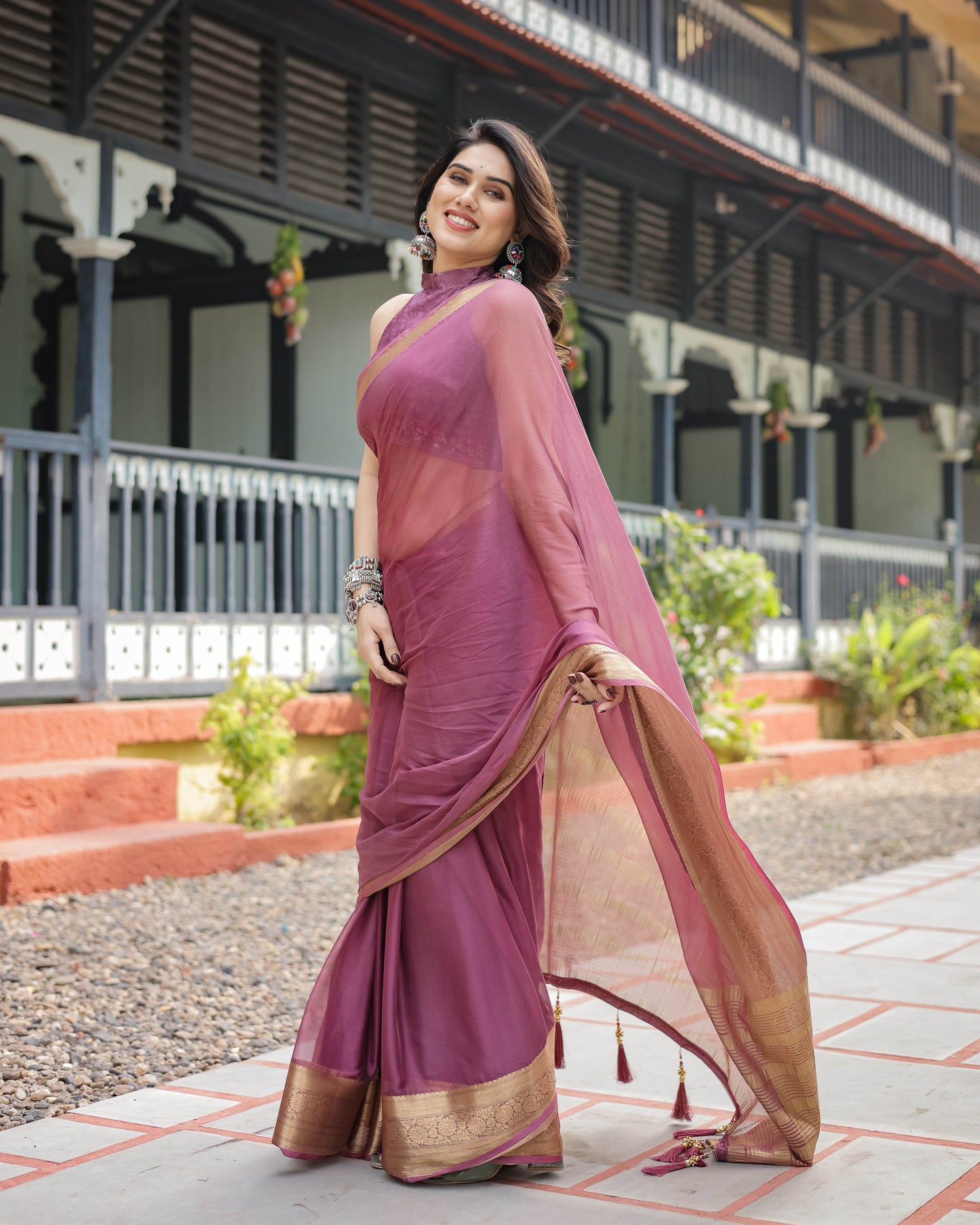 Sophisticated Mauve Plain Chiffon Saree with Gold Zari Border, Matching Printed Blouse & Tassel Detailing - SEEANS