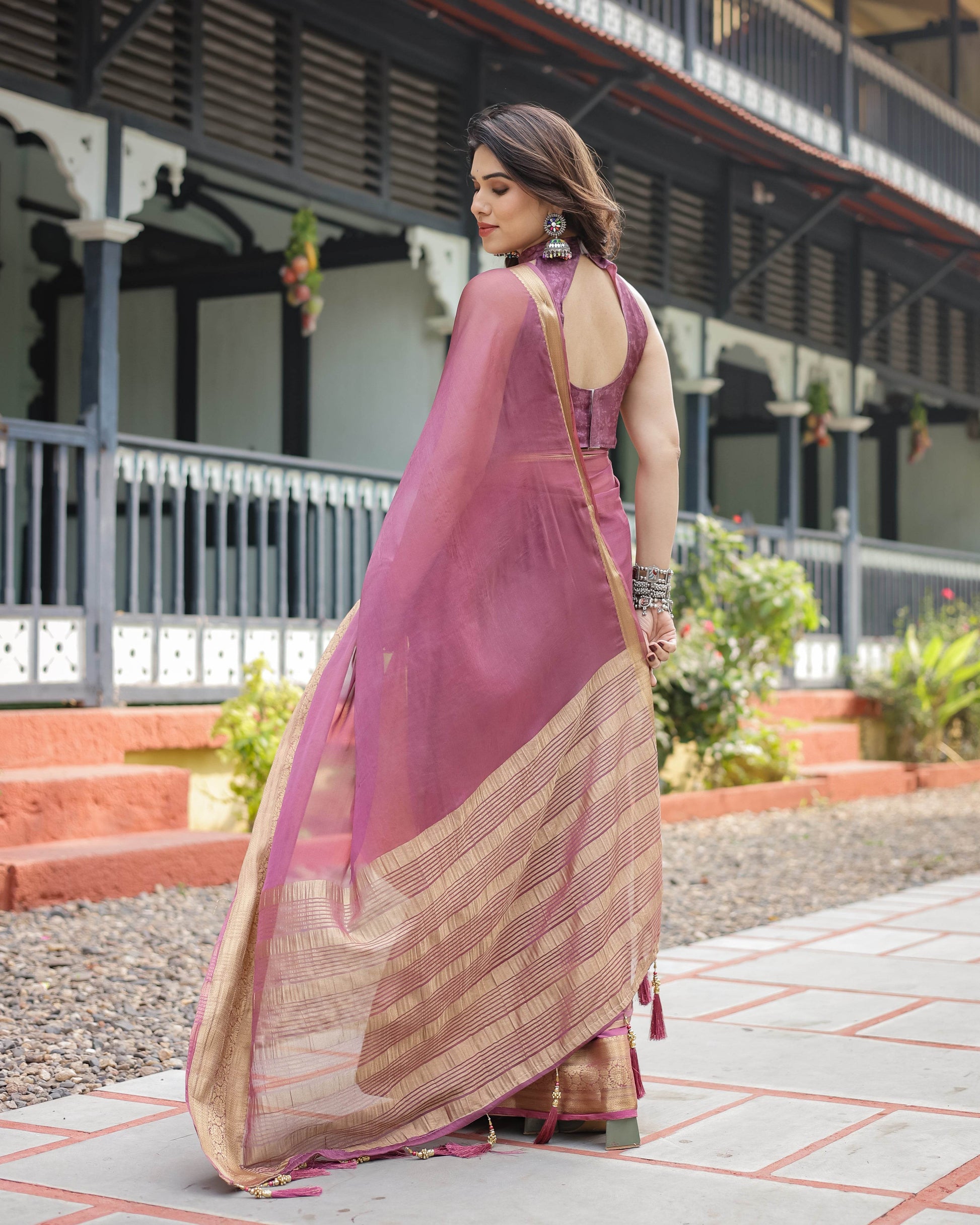 Sophisticated Mauve Plain Chiffon Saree with Gold Zari Border, Matching Printed Blouse & Tassel Detailing - SEEANS