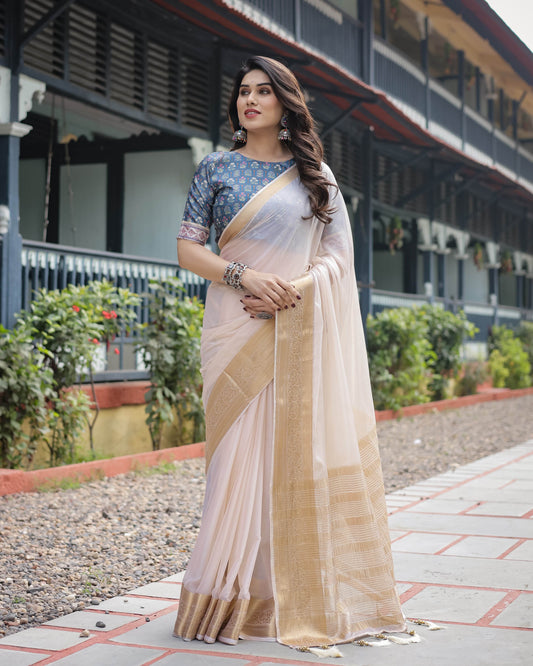 Ivory White Plain Chiffon Saree with Gold Zari Border, Floral Printed Blouse & Tassel Detailing - SEEANS