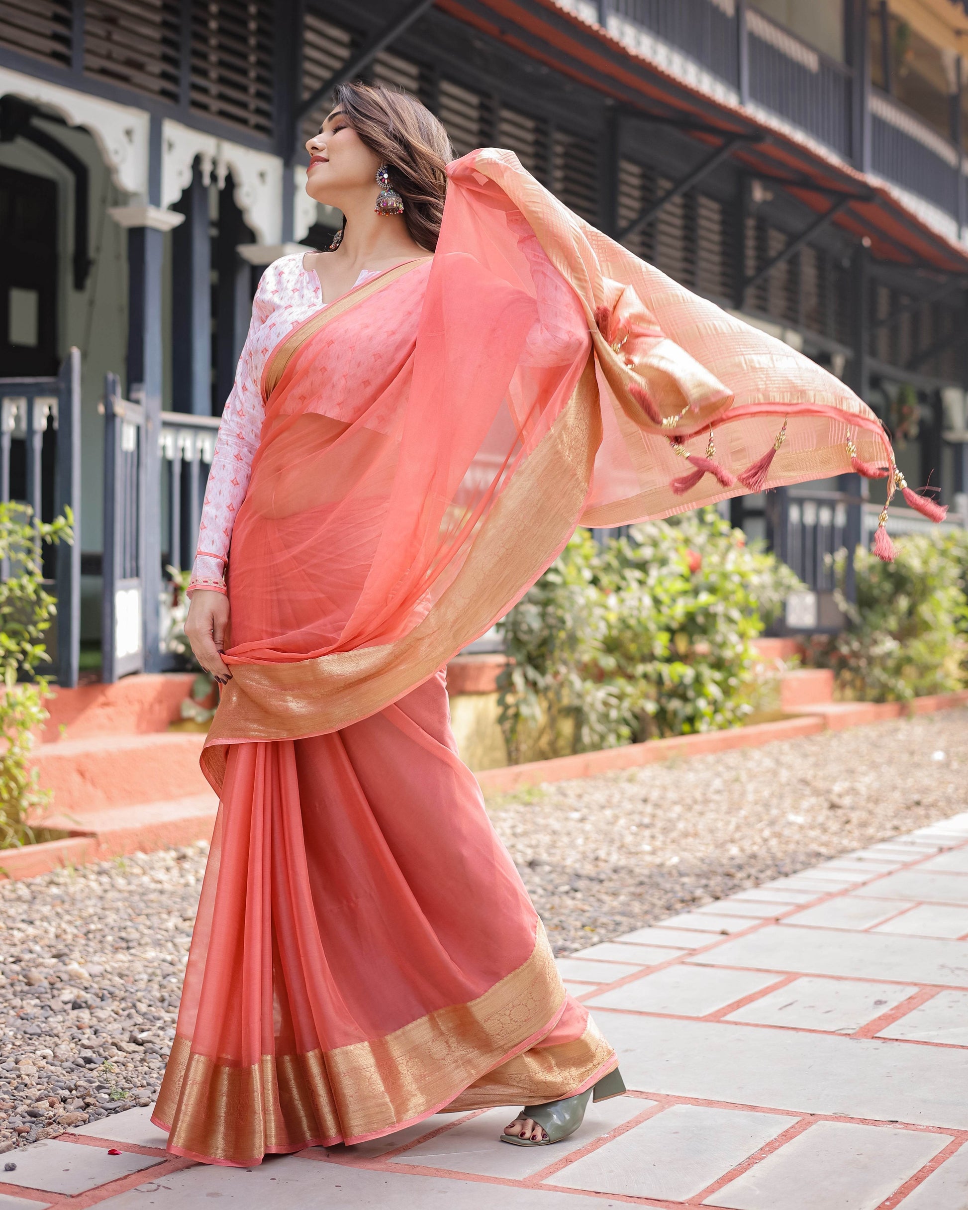 Peach Pink Plain Chiffon Saree with Gold Zari Border, Geometric Printed Blouse & Tassel Detailing - SEEANS