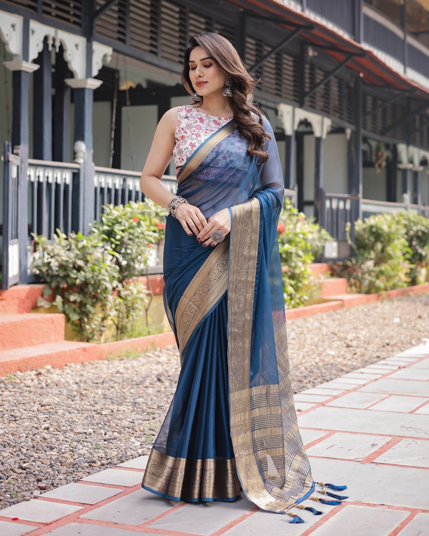 Deep Navy Blue Plain Chiffon Saree with Gold Zari Border, Floral Printed Blouse & Tassel Accents - SEEANS