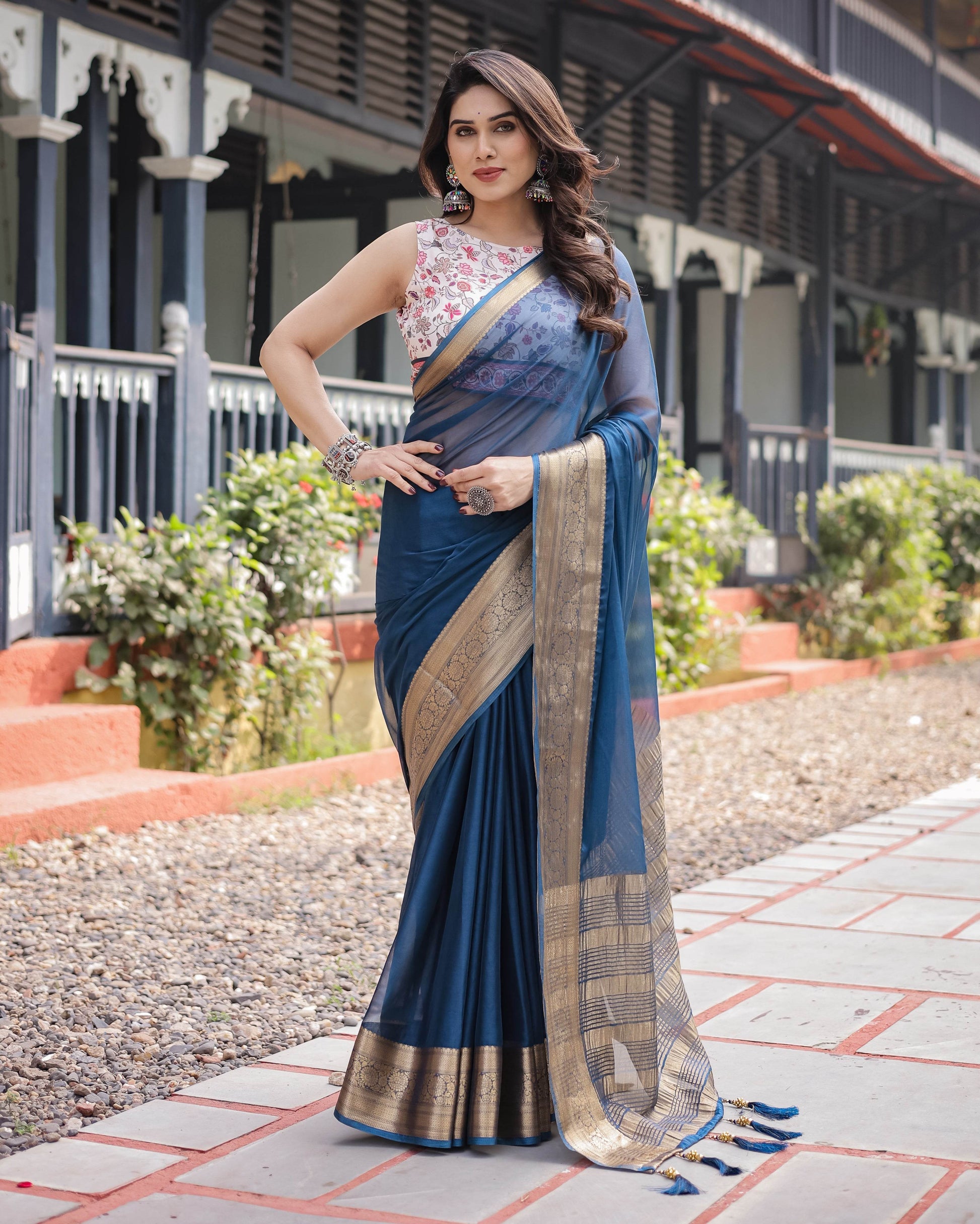 Deep Navy Blue Plain Chiffon Saree with Gold Zari Border, Floral Printed Blouse & Tassel Accents - SEEANS