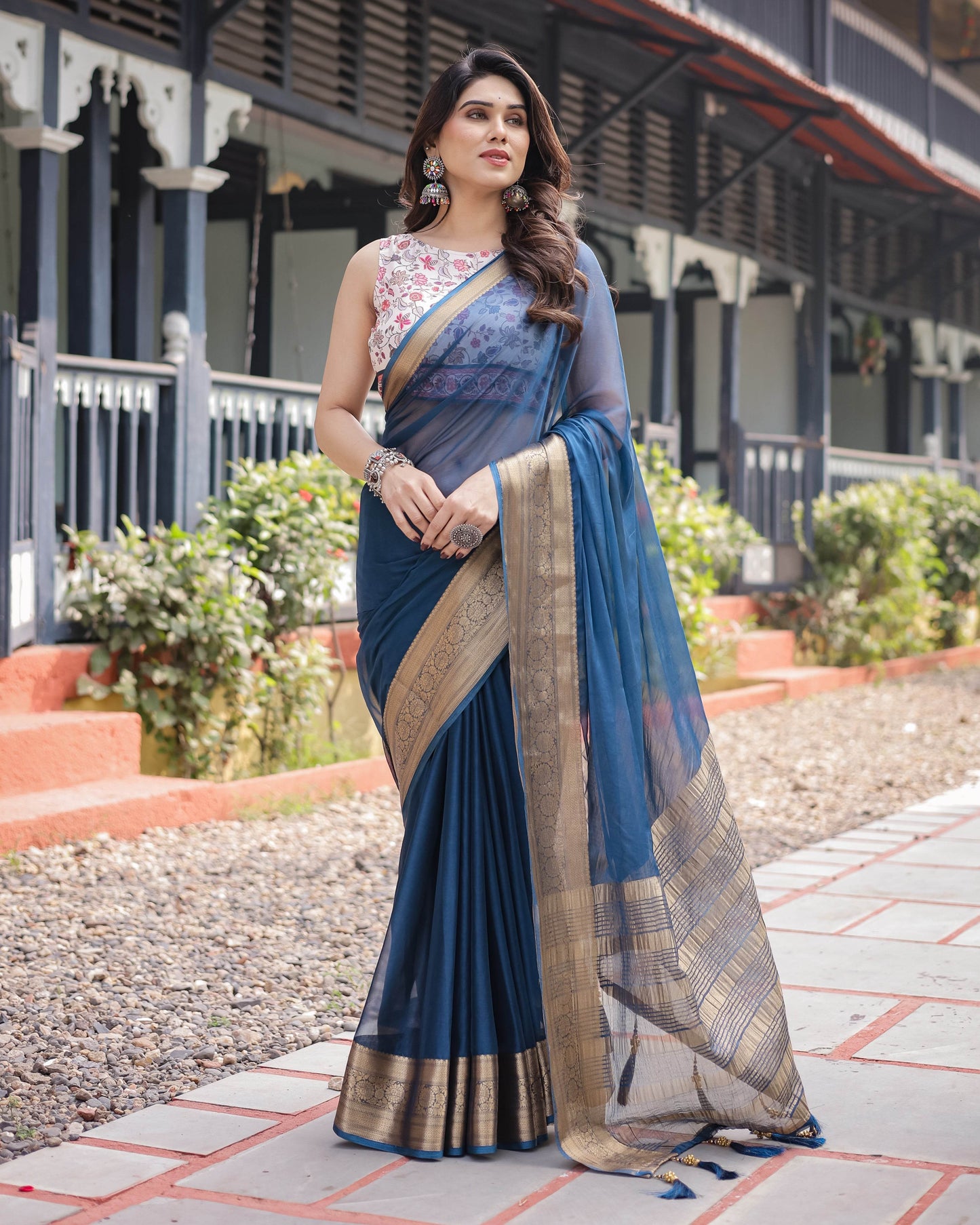 Deep Navy Blue Plain Chiffon Saree with Gold Zari Border, Floral Printed Blouse & Tassel Accents - SEEANS