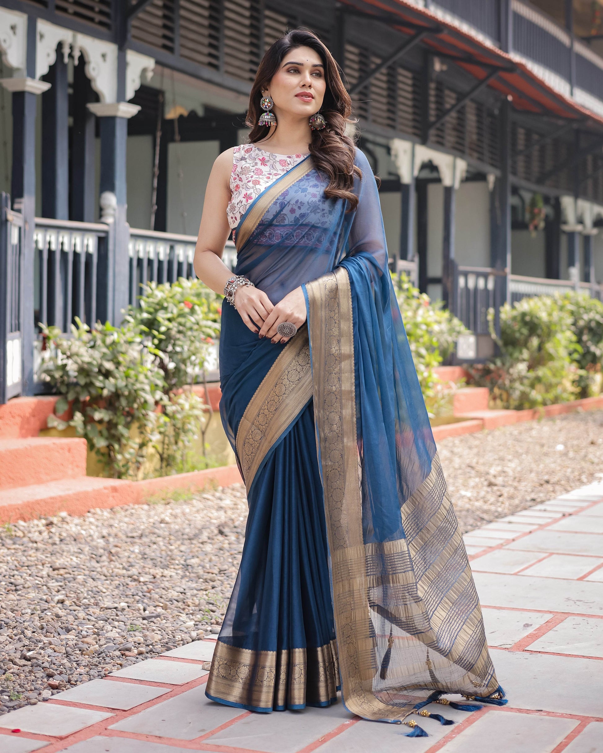 Deep Navy Blue Plain Chiffon Saree with Gold Zari Border, Floral Printed Blouse & Tassel Accents - SEEANS