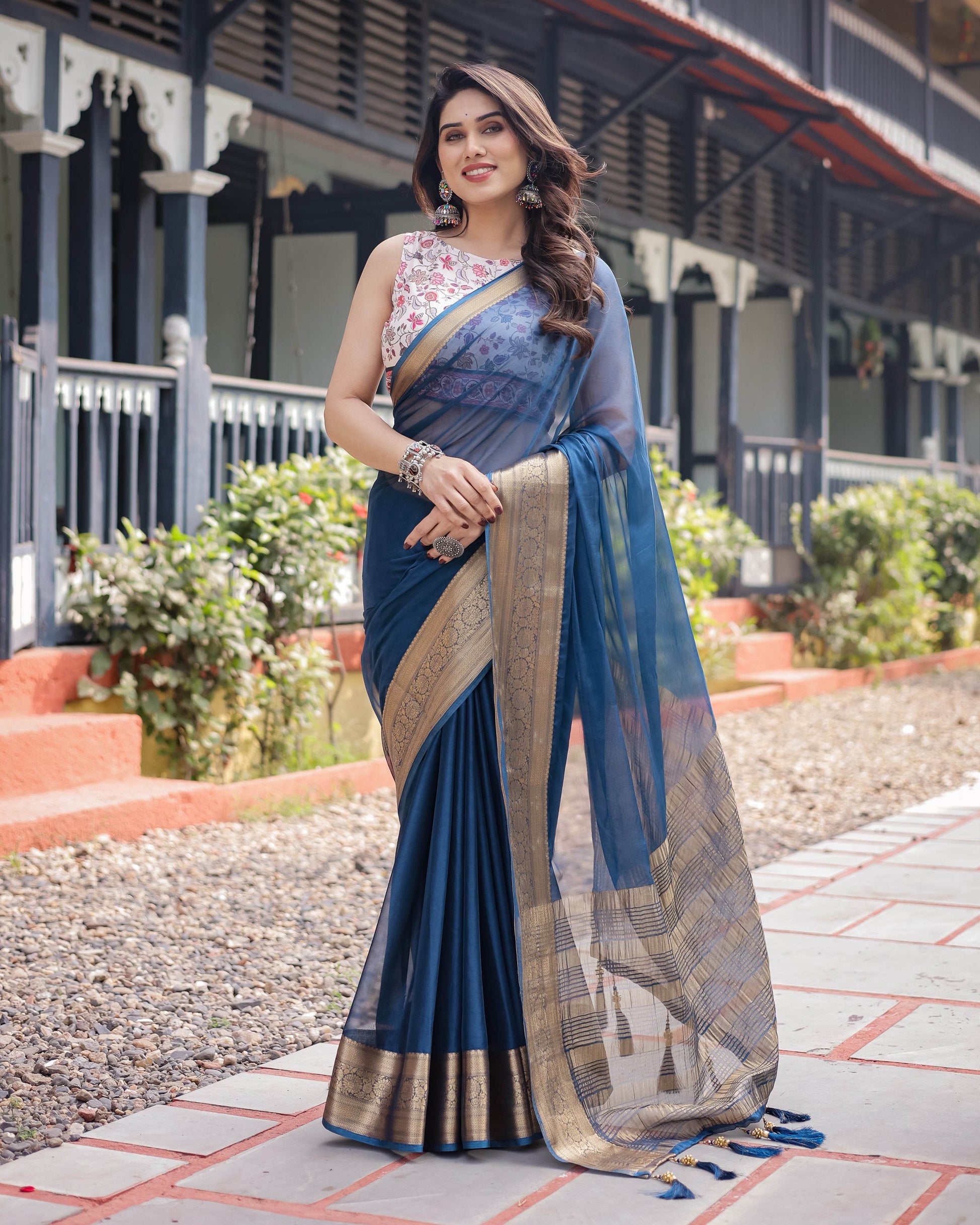 Deep Navy Blue Plain Chiffon Saree with Gold Zari Border, Floral Printed Blouse & Tassel Accents - SEEANS