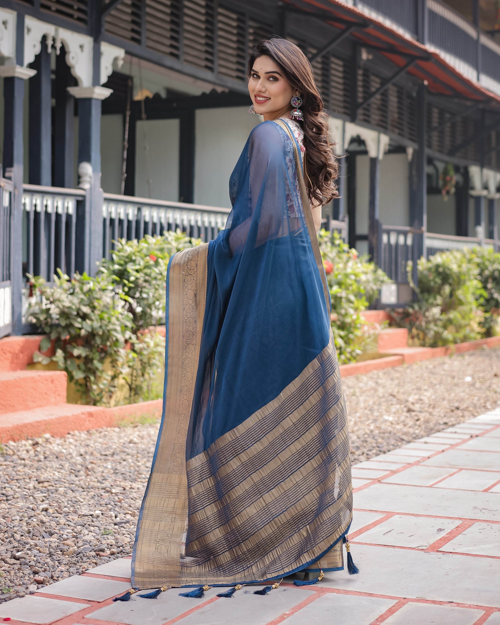 Deep Navy Blue Plain Chiffon Saree with Gold Zari Border, Floral Printed Blouse & Tassel Accents - SEEANS