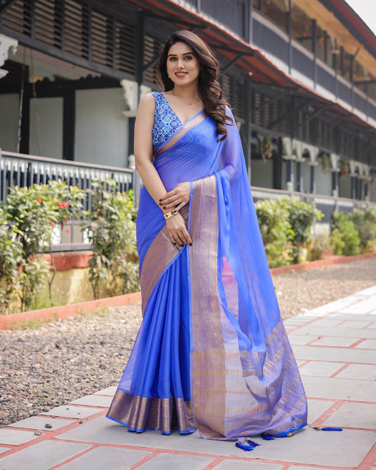 Royal Blue Plain Chiffon Saree with Gold Zari Border, Geometric Printed Blouse & Tassel Detailing - SEEANS