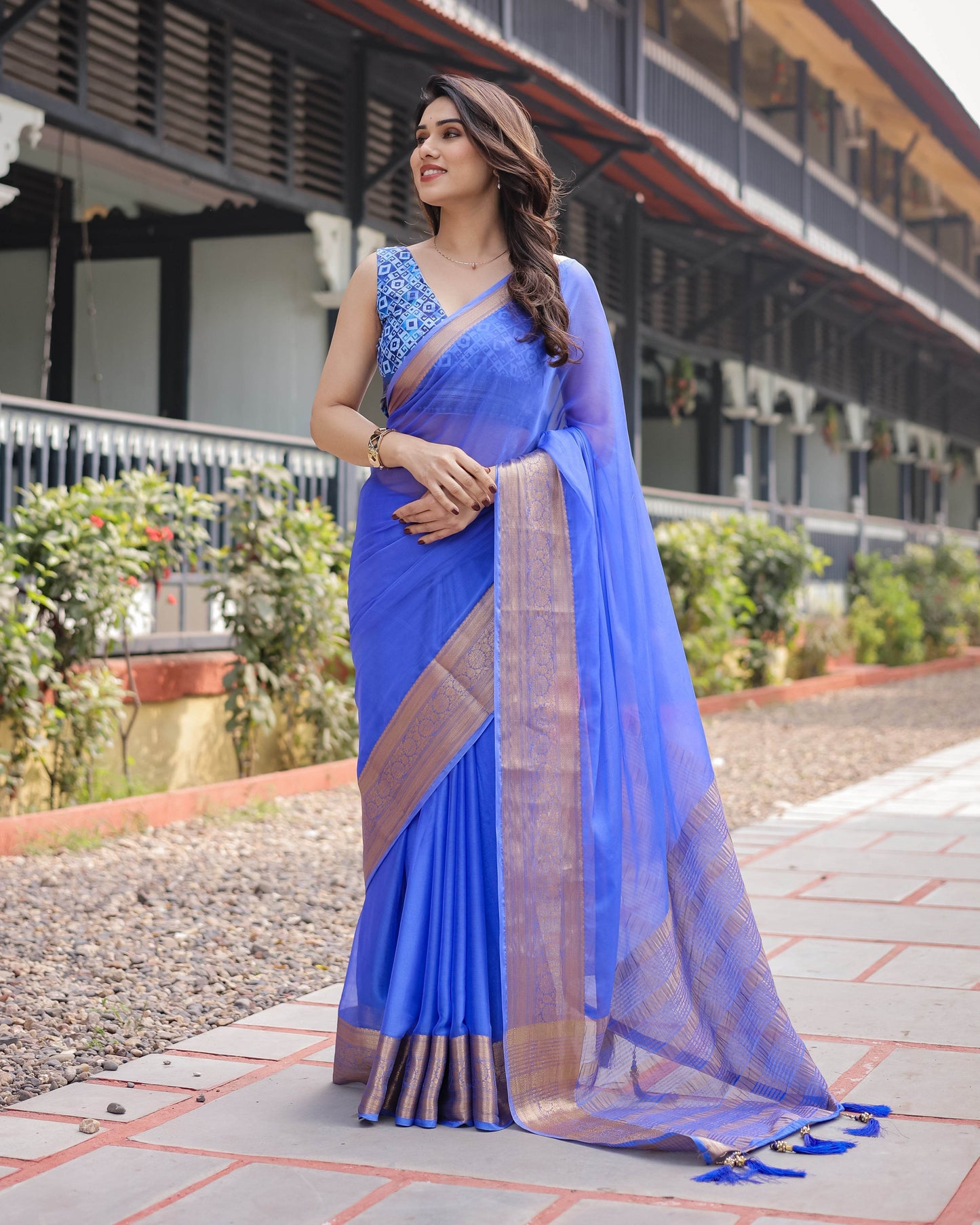 Royal Blue Plain Chiffon Saree with Gold Zari Border, Geometric Printed Blouse & Tassel Detailing - SEEANS