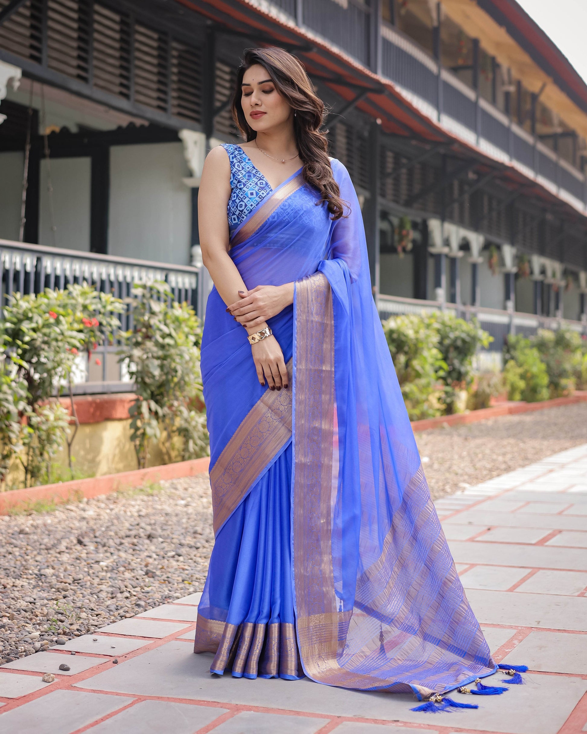 Royal Blue Plain Chiffon Saree with Gold Zari Border, Geometric Printed Blouse & Tassel Detailing - SEEANS