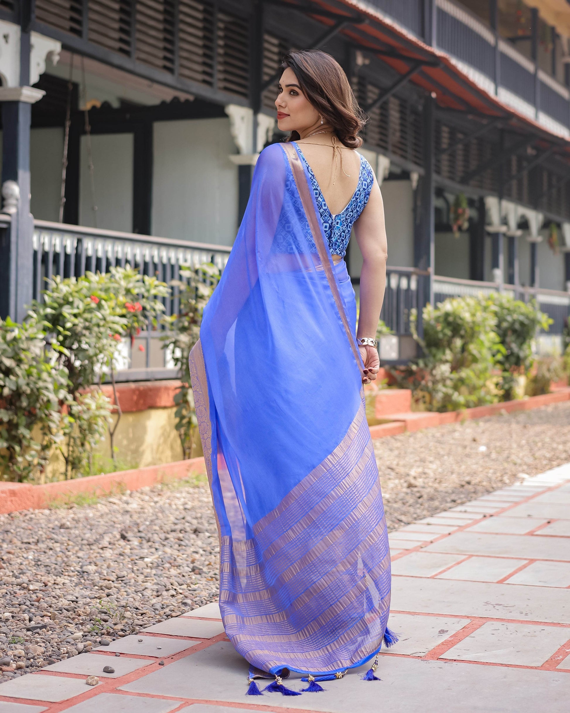 Royal Blue Plain Chiffon Saree with Gold Zari Border, Geometric Printed Blouse & Tassel Detailing - SEEANS