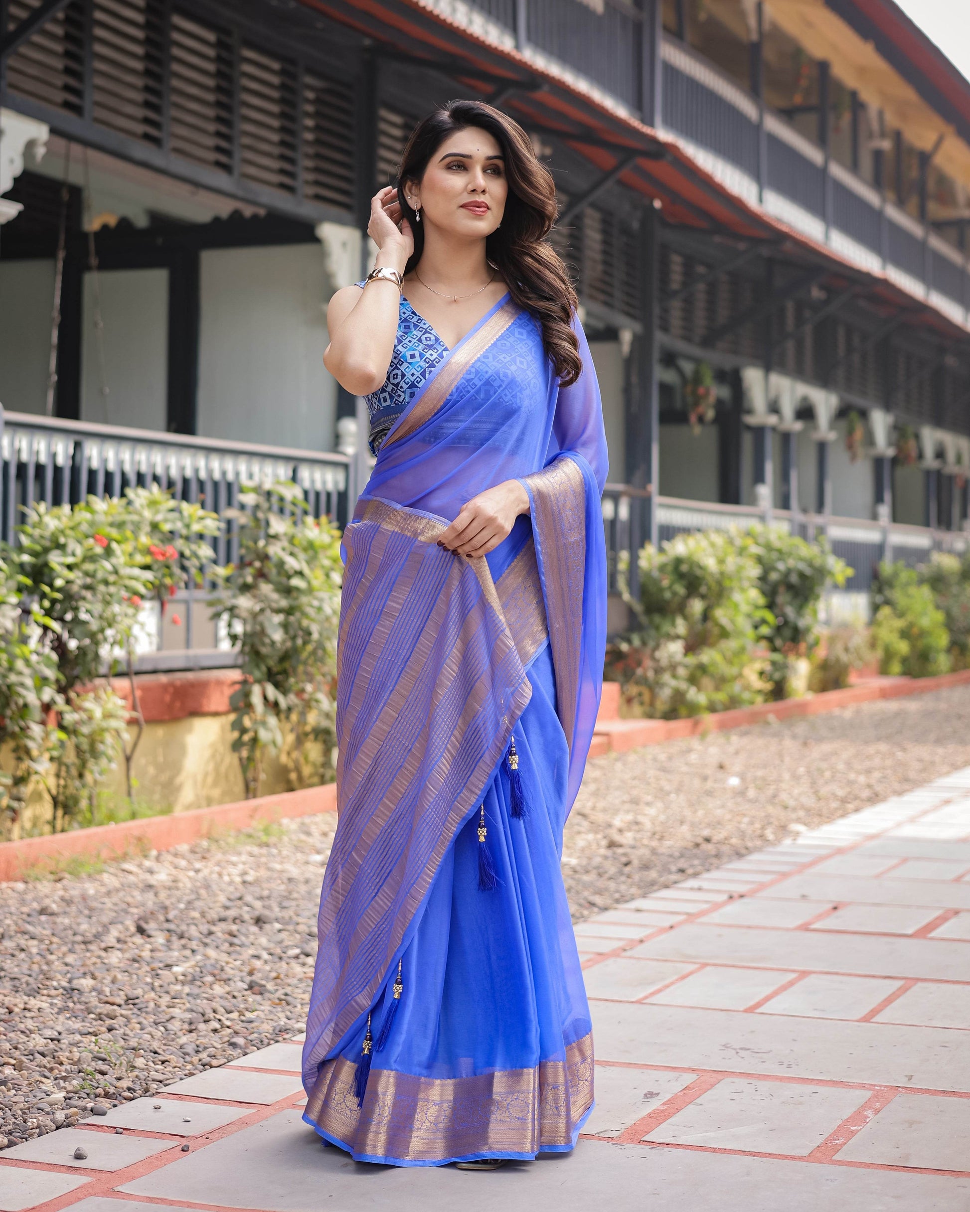 Royal Blue Plain Chiffon Saree with Gold Zari Border, Geometric Printed Blouse & Tassel Detailing - SEEANS