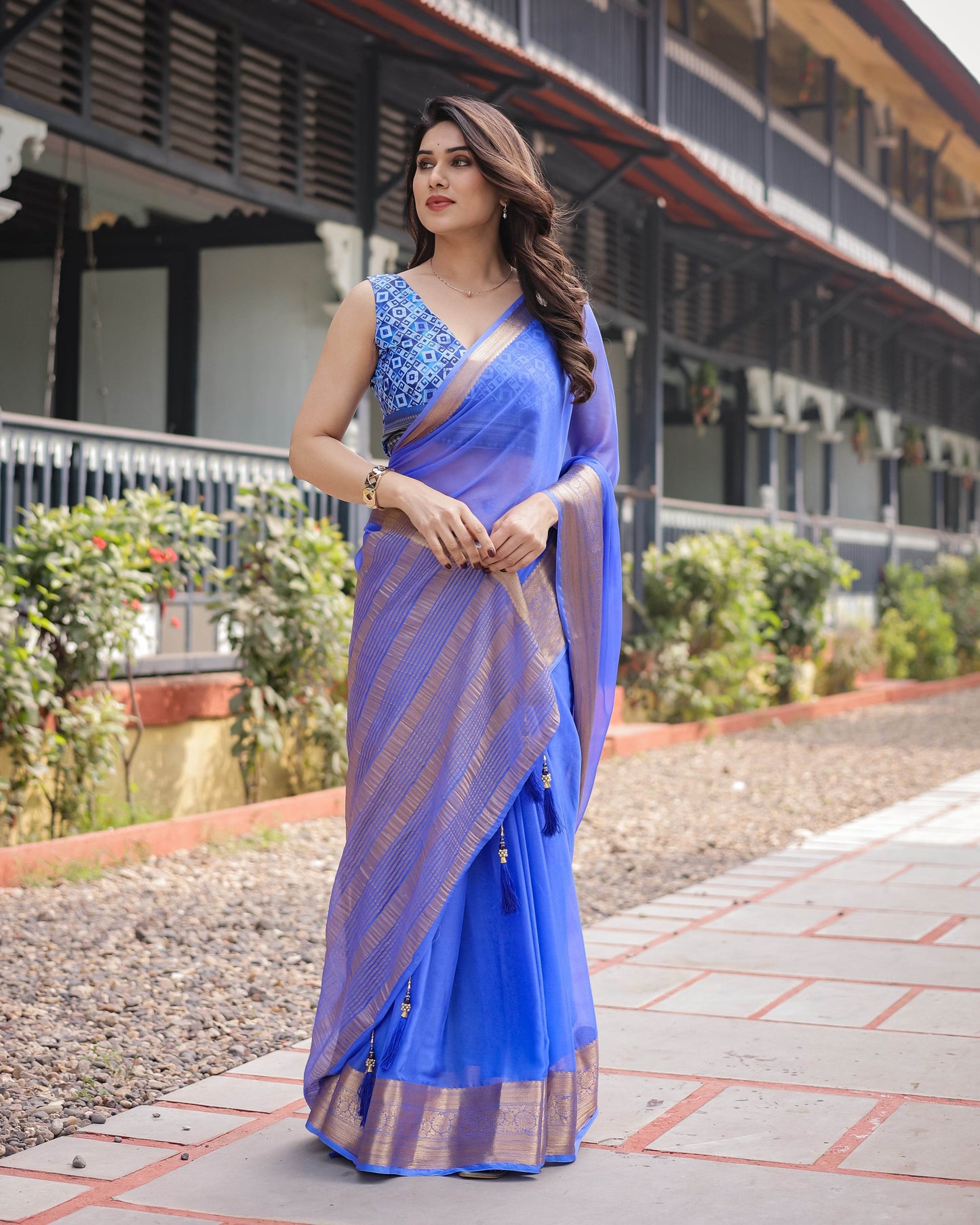 Royal Blue Plain Chiffon Saree with Gold Zari Border, Geometric Printed Blouse & Tassel Detailing - SEEANS