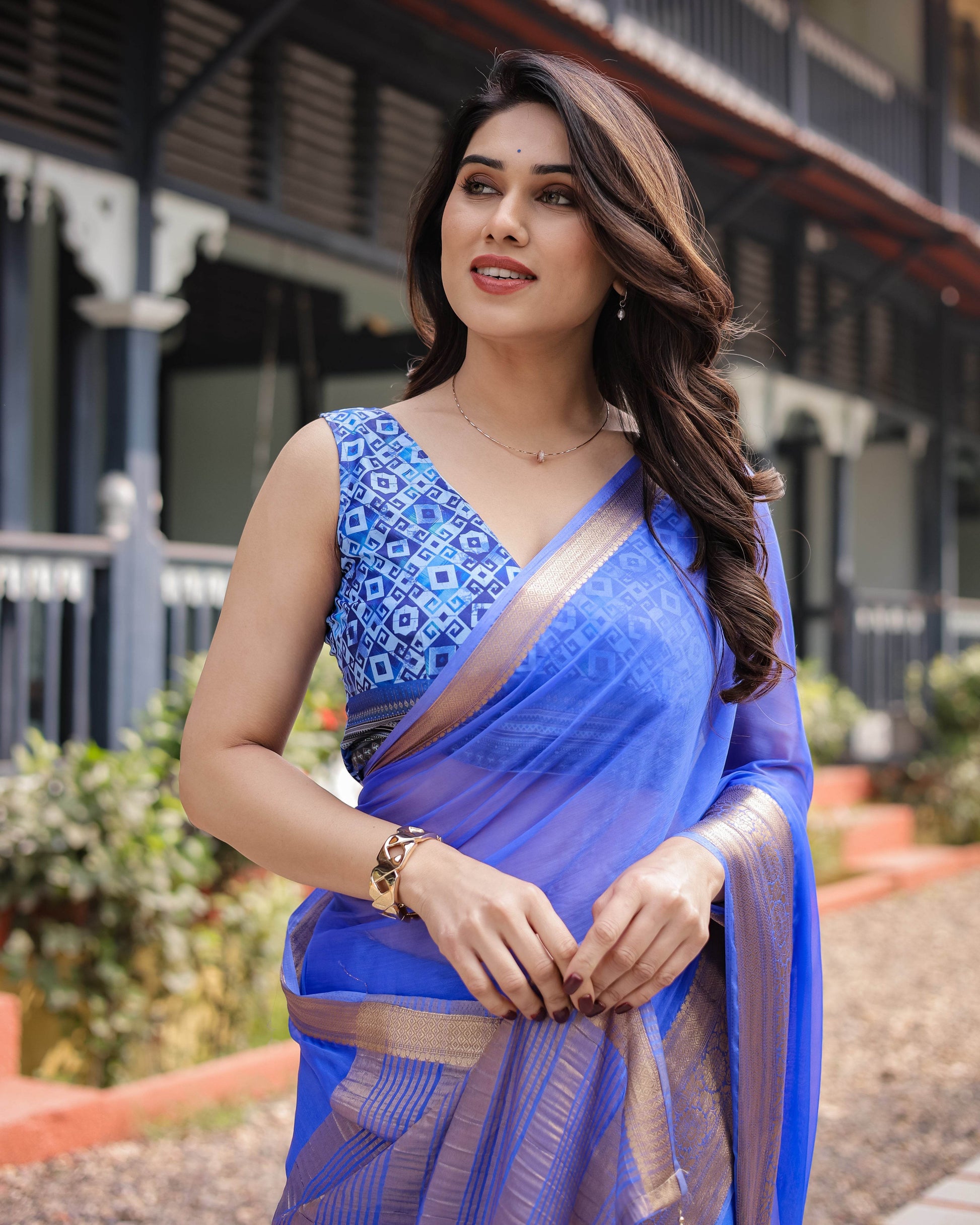 Royal Blue Plain Chiffon Saree with Gold Zari Border, Geometric Printed Blouse & Tassel Detailing - SEEANS