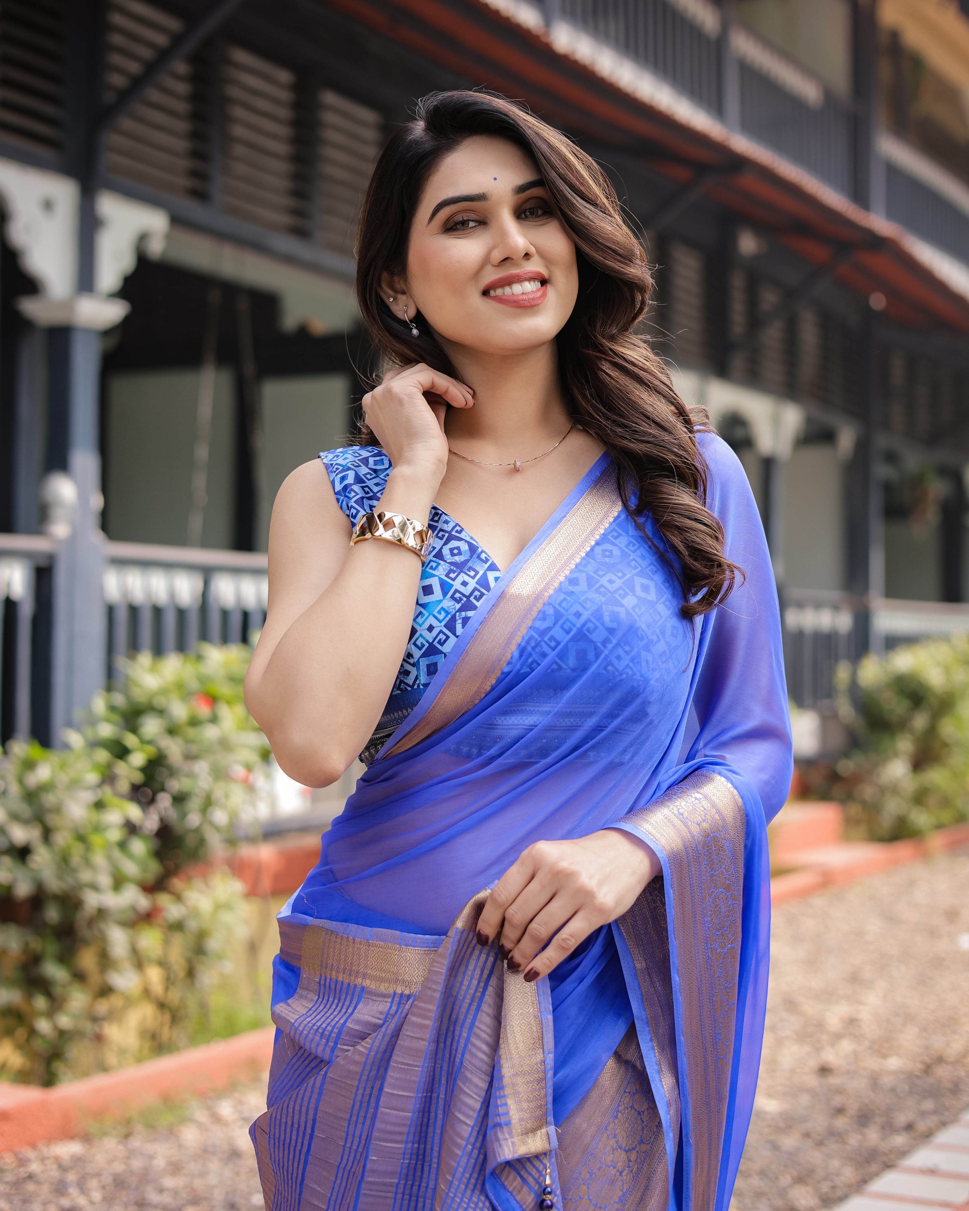 Royal Blue Plain Chiffon Saree with Gold Zari Border, Geometric Printed Blouse & Tassel Detailing - SEEANS