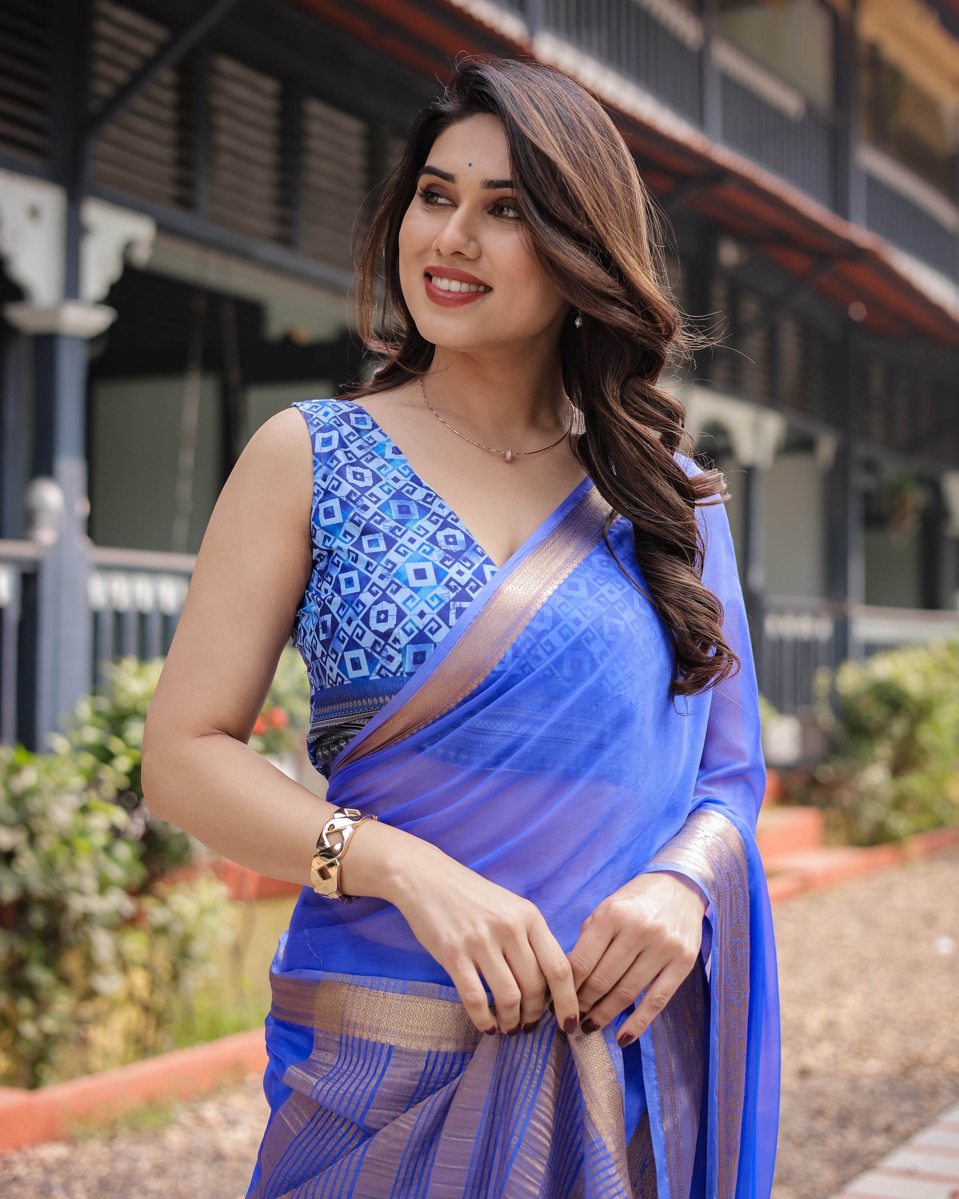 Royal Blue Plain Chiffon Saree with Gold Zari Border, Geometric Printed Blouse & Tassel Detailing - SEEANS