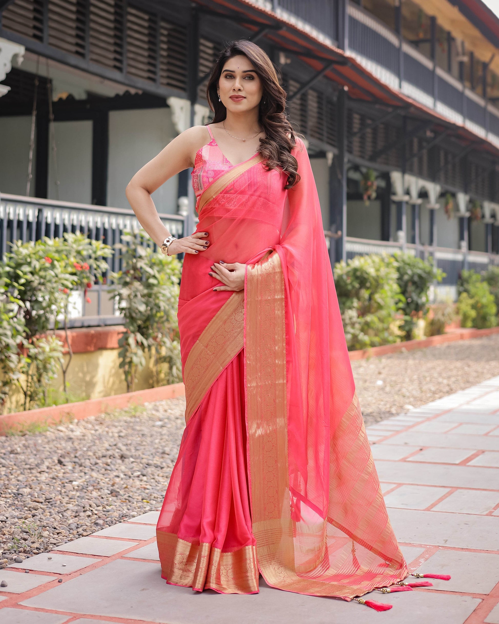 Flamingo Pink Plain Chiffon Saree with Gold Zari Border, Patterned Blouse & Tassel Detailing - SEEANS