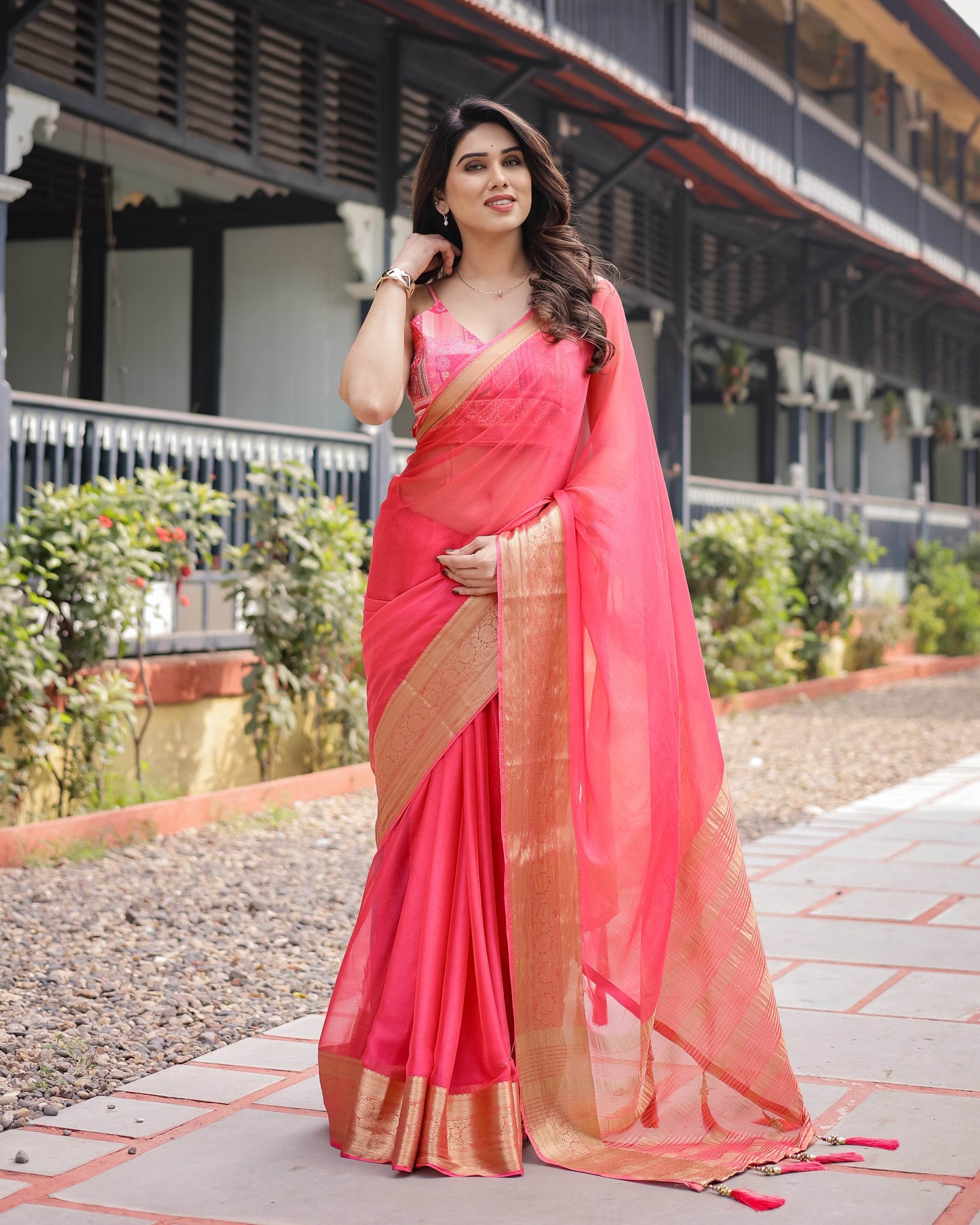 Flamingo Pink Plain Chiffon Saree with Gold Zari Border, Patterned Blouse & Tassel Detailing - SEEANS