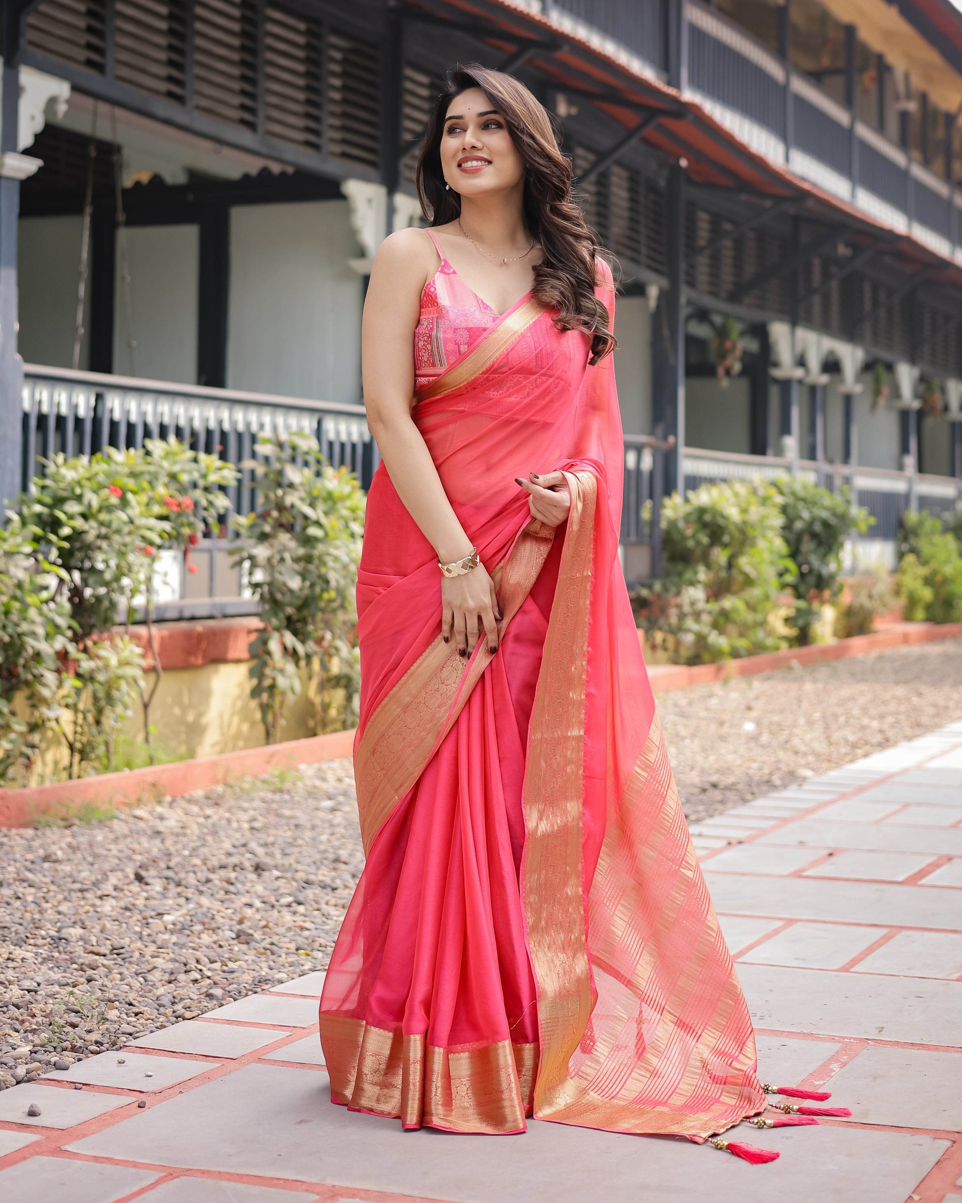 Flamingo Pink Plain Chiffon Saree with Gold Zari Border, Patterned Blouse & Tassel Detailing - SEEANS