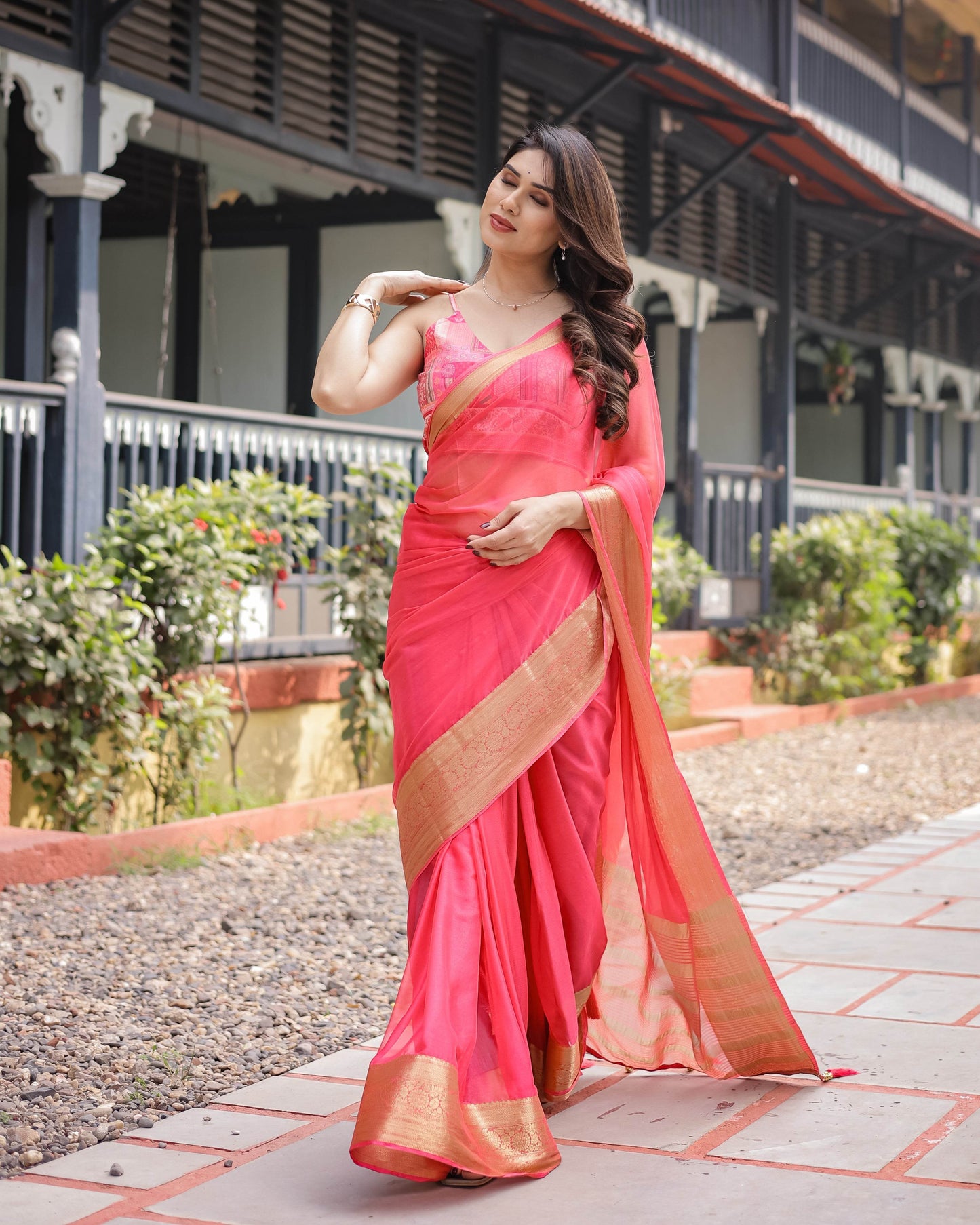 Flamingo Pink Plain Chiffon Saree with Gold Zari Border, Patterned Blouse & Tassel Detailing - SEEANS