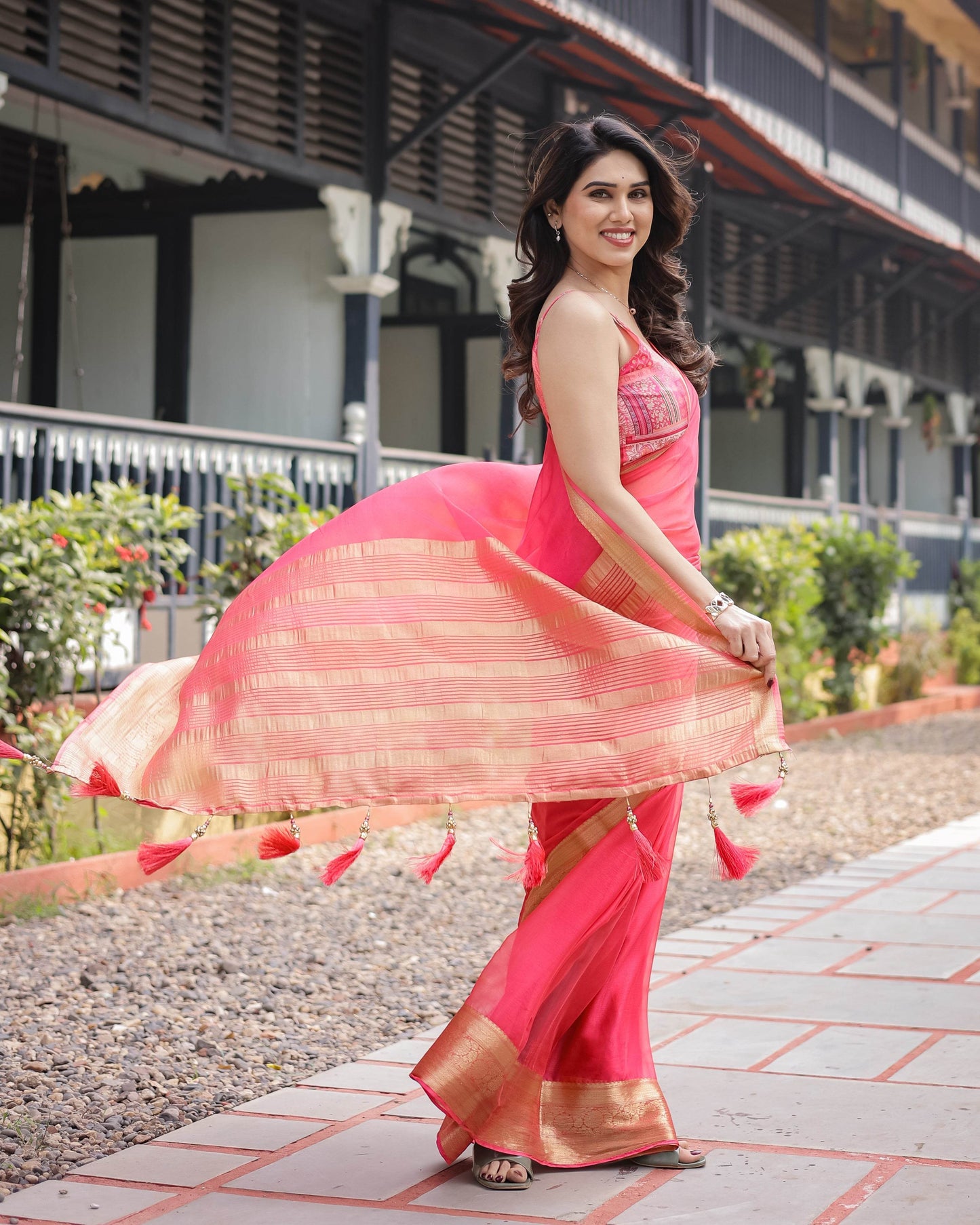 Flamingo Pink Plain Chiffon Saree with Gold Zari Border, Patterned Blouse & Tassel Detailing - SEEANS