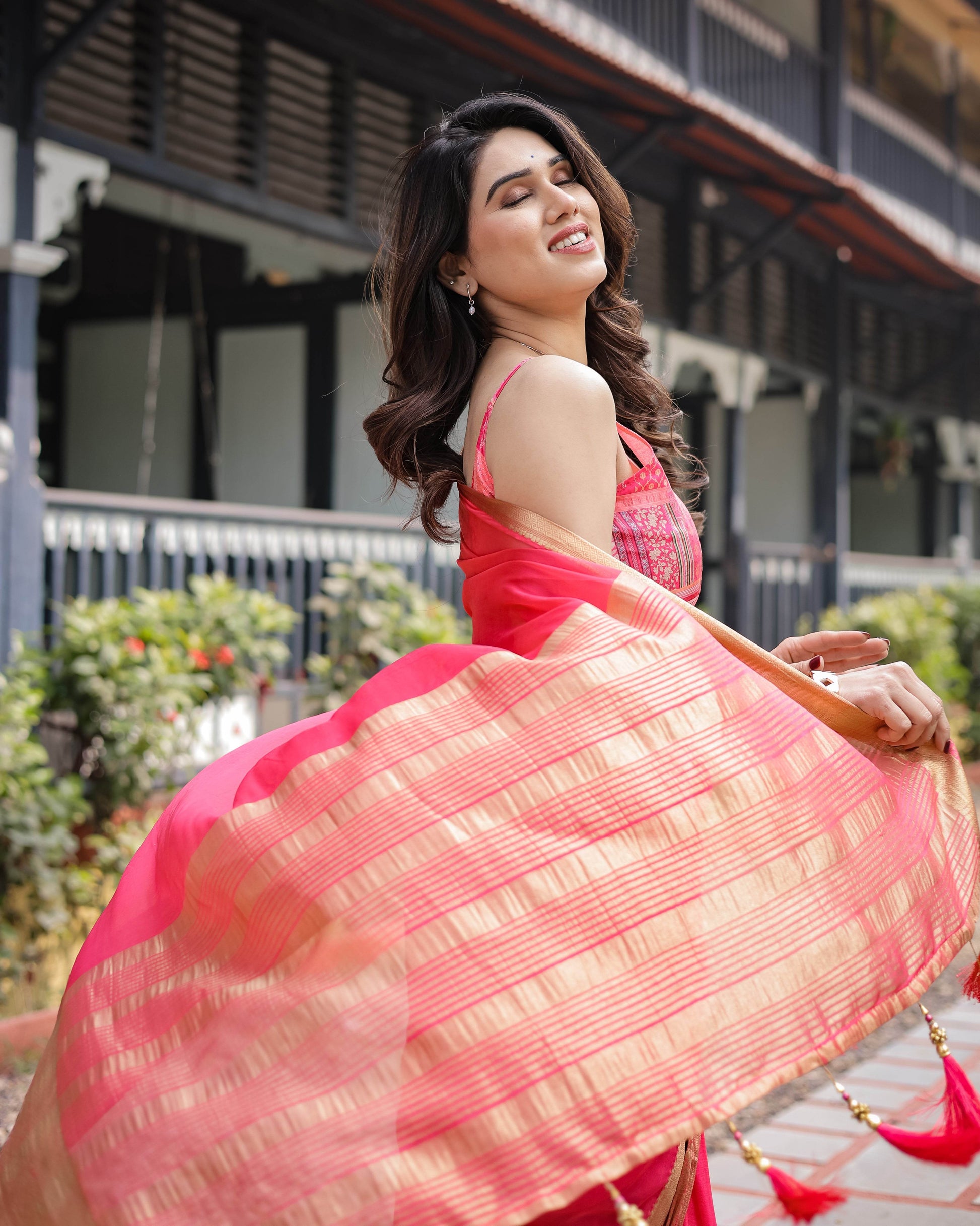 Flamingo Pink Plain Chiffon Saree with Gold Zari Border, Patterned Blouse & Tassel Detailing - SEEANS