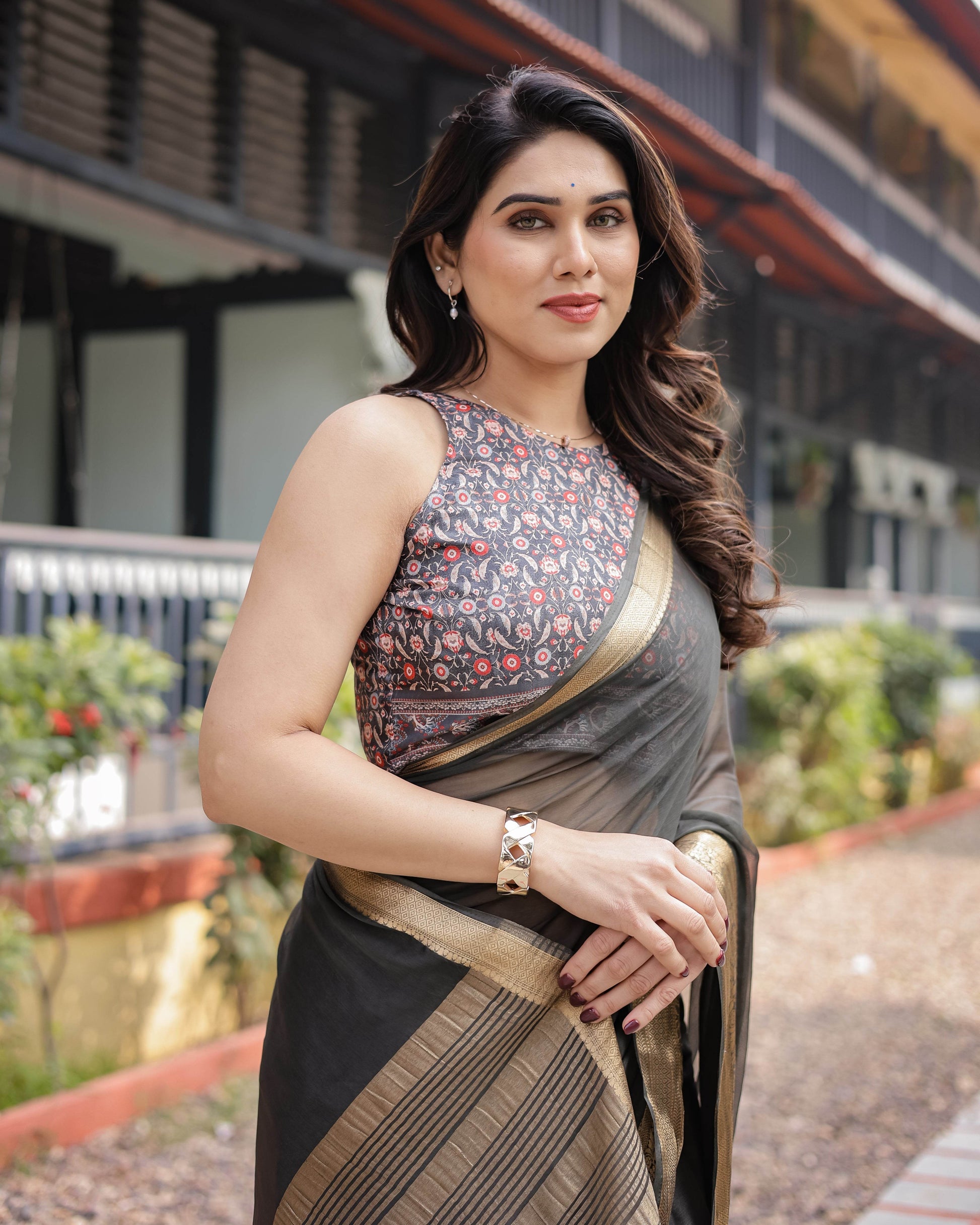 Ethereal Black Plain Chiffon Saree with Gold Zari Border, Floral Printed Blouse & Tassel Detailing - SEEANS