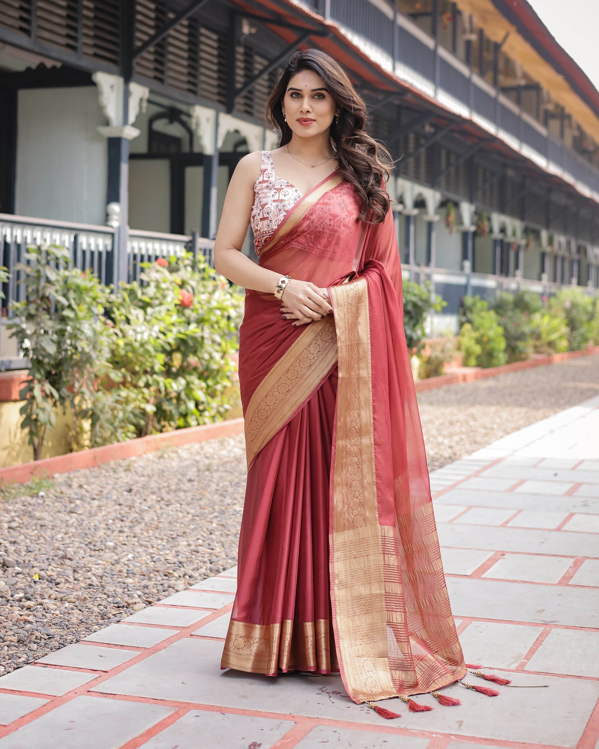 Elegant Maroon Plain Chiffon Saree with Gold Zari Border, Designer Printed Blouse & Tassel Detailing - SEEANS