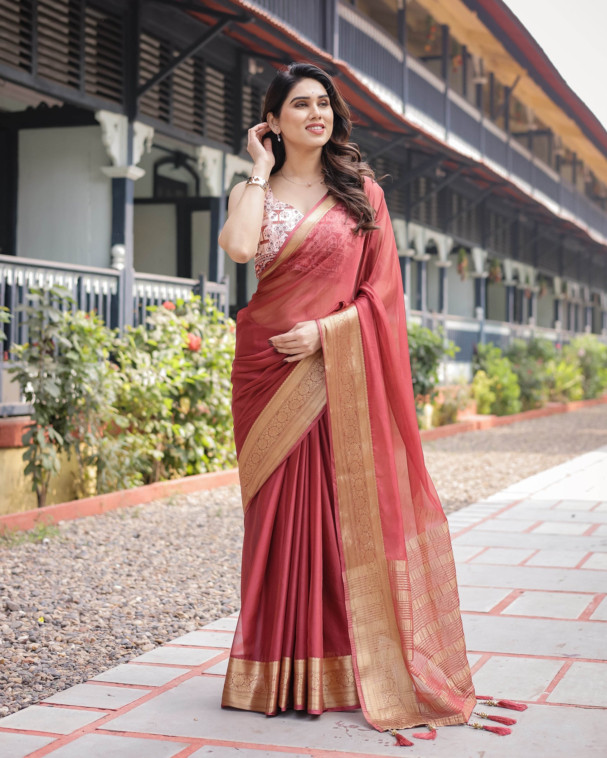 Elegant Maroon Plain Chiffon Saree with Gold Zari Border, Designer Printed Blouse & Tassel Detailing - SEEANS