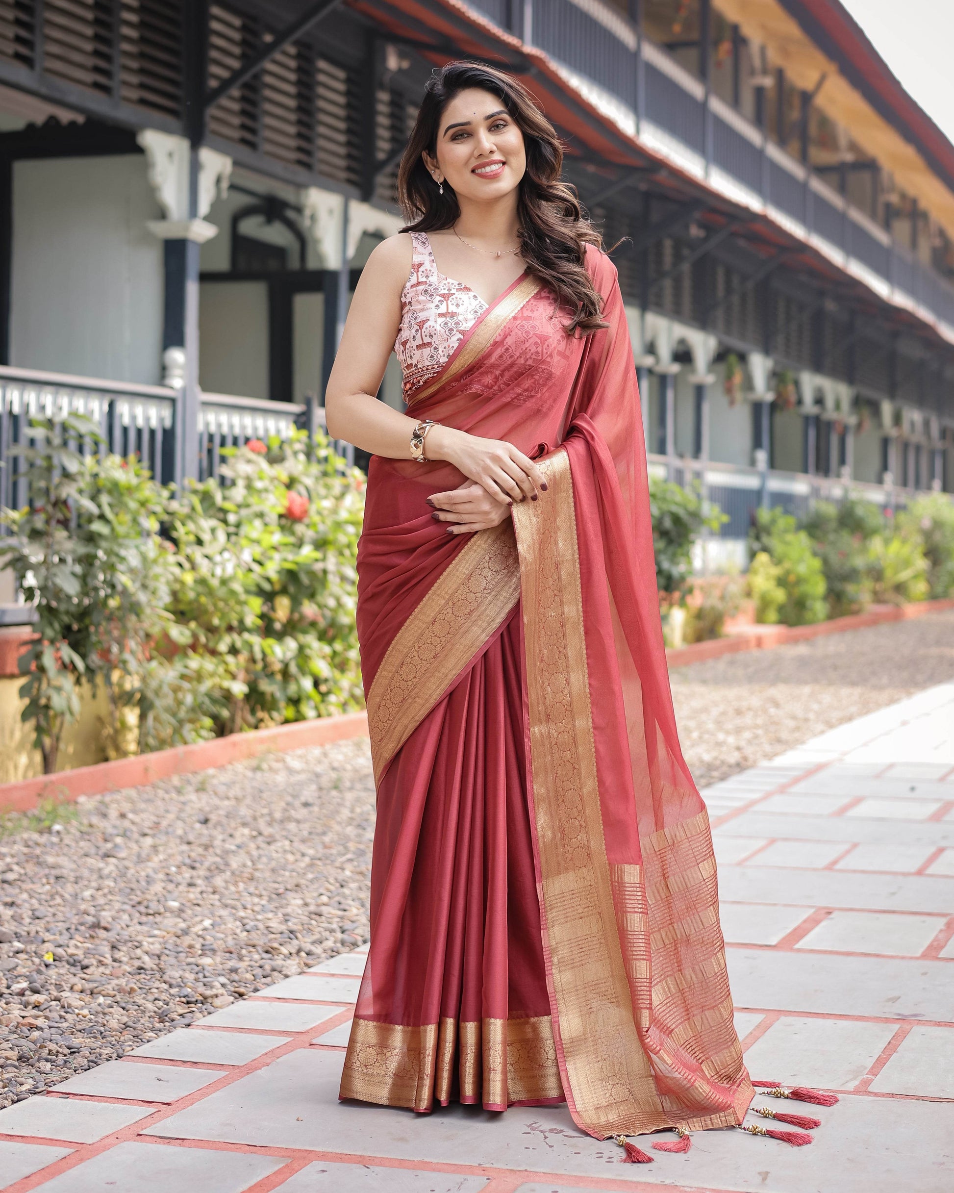 Elegant Maroon Plain Chiffon Saree with Gold Zari Border, Designer Printed Blouse & Tassel Detailing - SEEANS