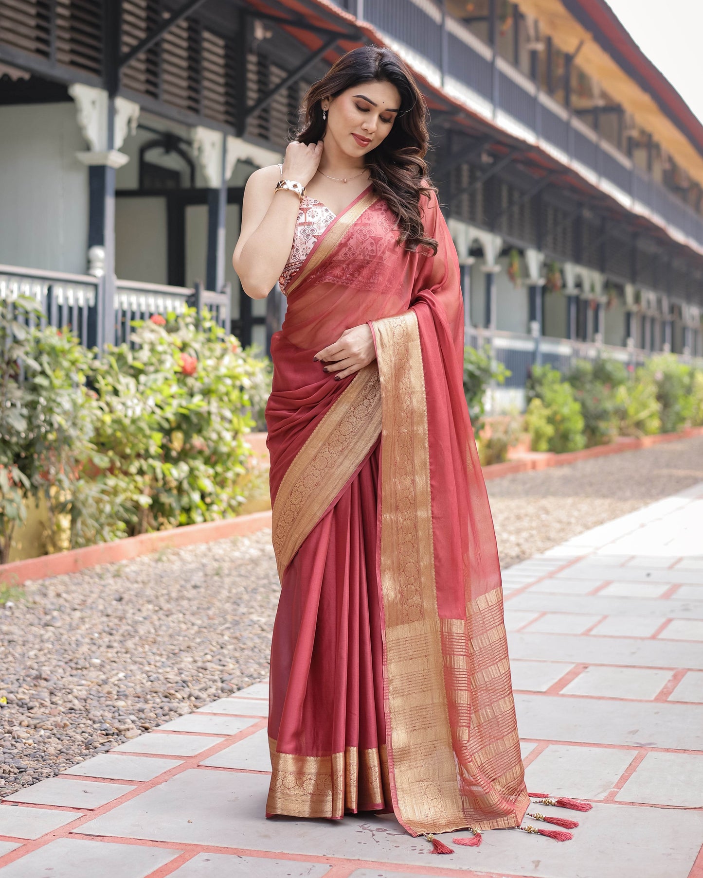 Elegant Maroon Plain Chiffon Saree with Gold Zari Border, Designer Printed Blouse & Tassel Detailing - SEEANS