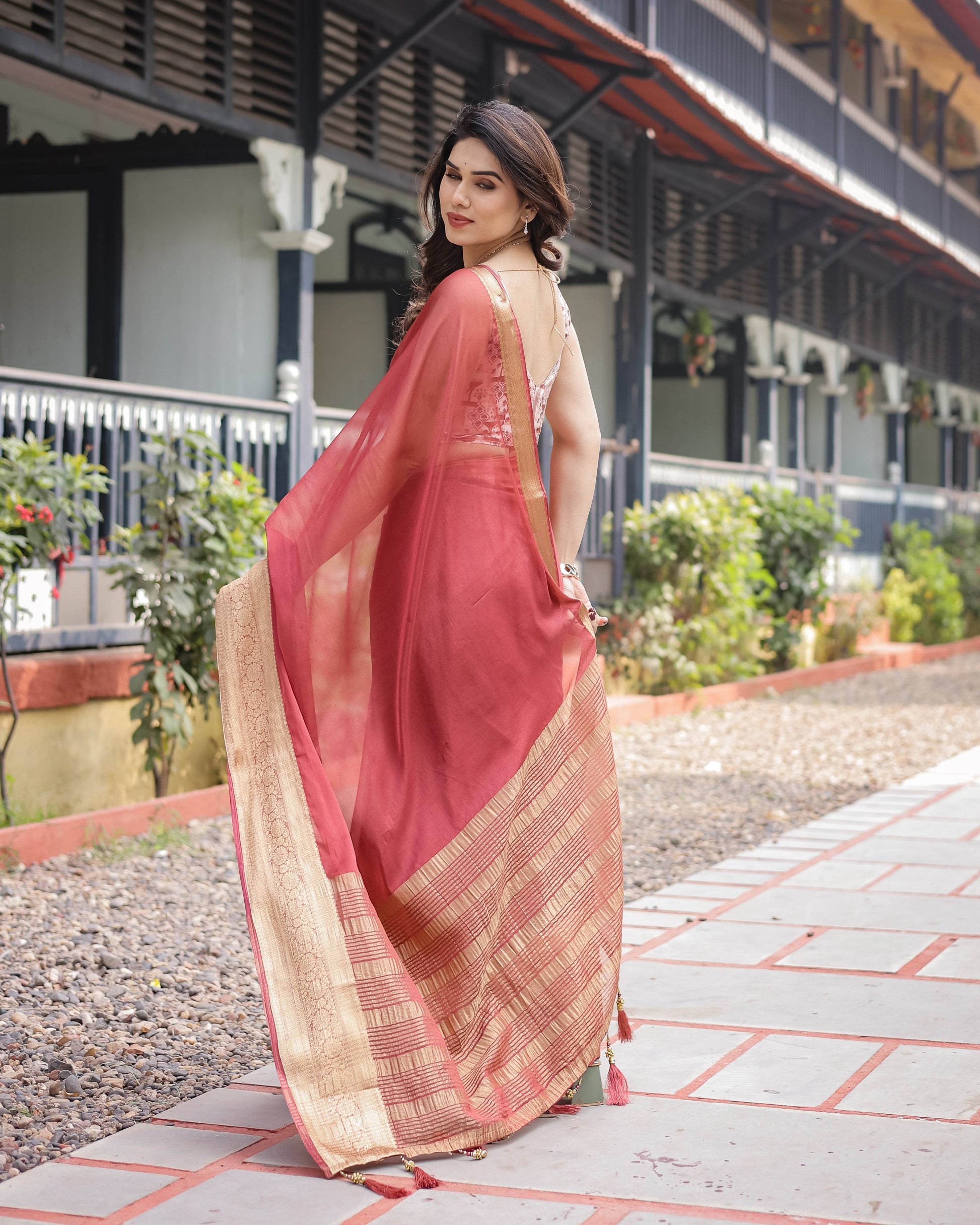 Elegant Maroon Plain Chiffon Saree with Gold Zari Border, Designer Printed Blouse & Tassel Detailing - SEEANS