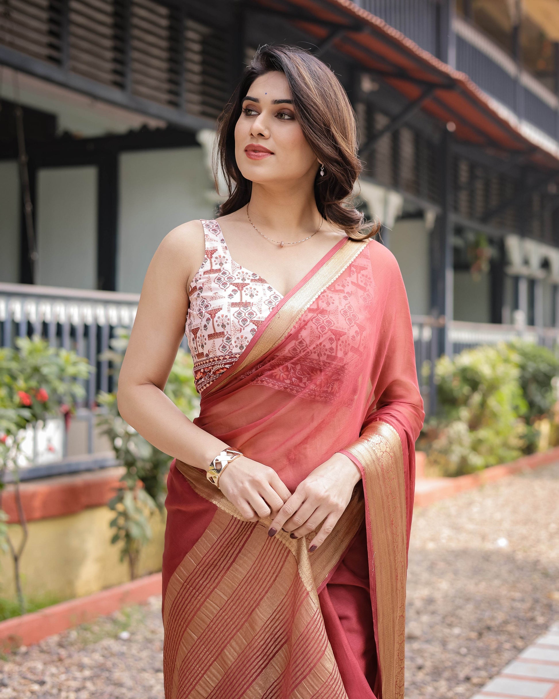 Elegant Maroon Plain Chiffon Saree with Gold Zari Border, Designer Printed Blouse & Tassel Detailing - SEEANS