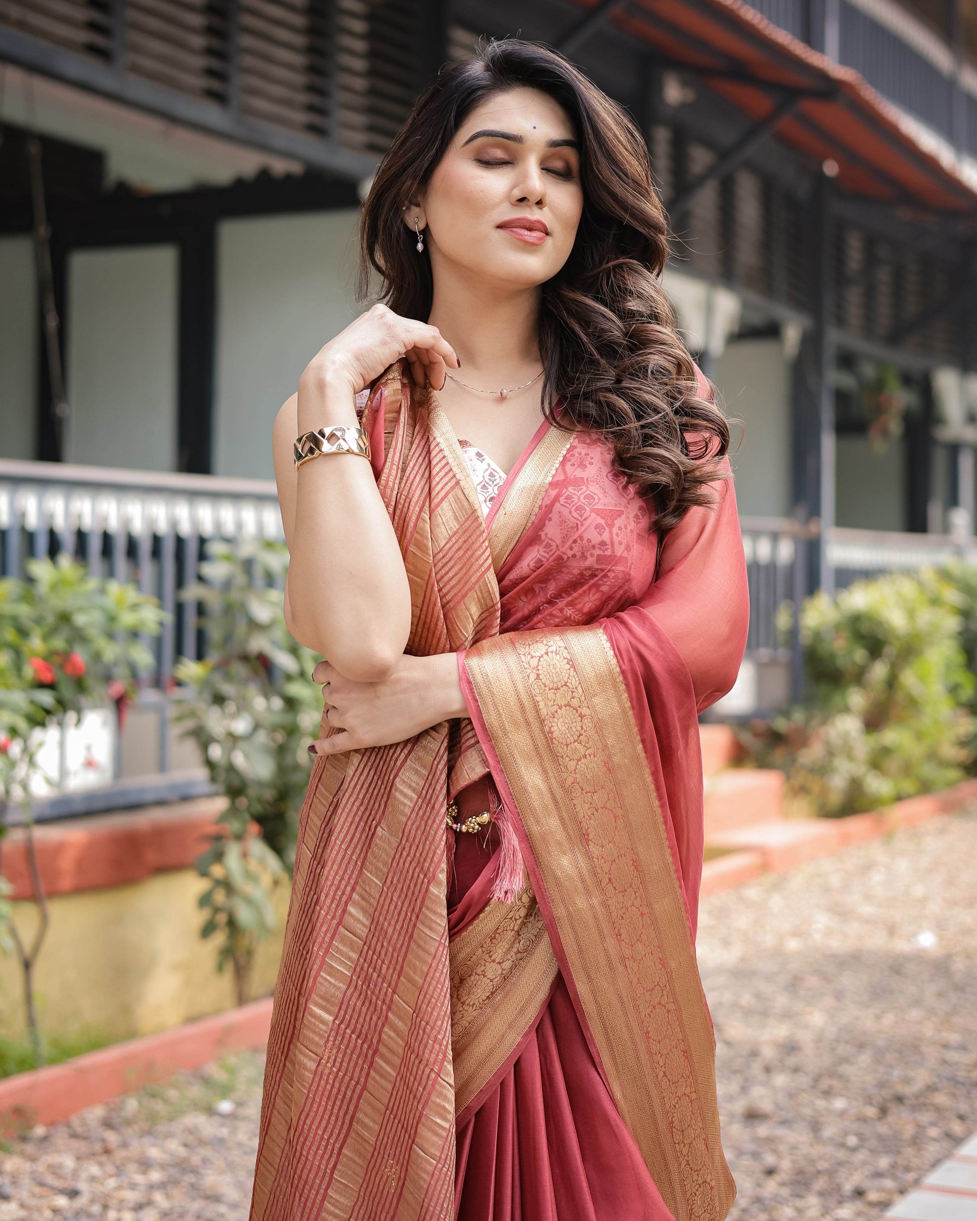 Elegant Maroon Plain Chiffon Saree with Gold Zari Border, Designer Printed Blouse & Tassel Detailing - SEEANS