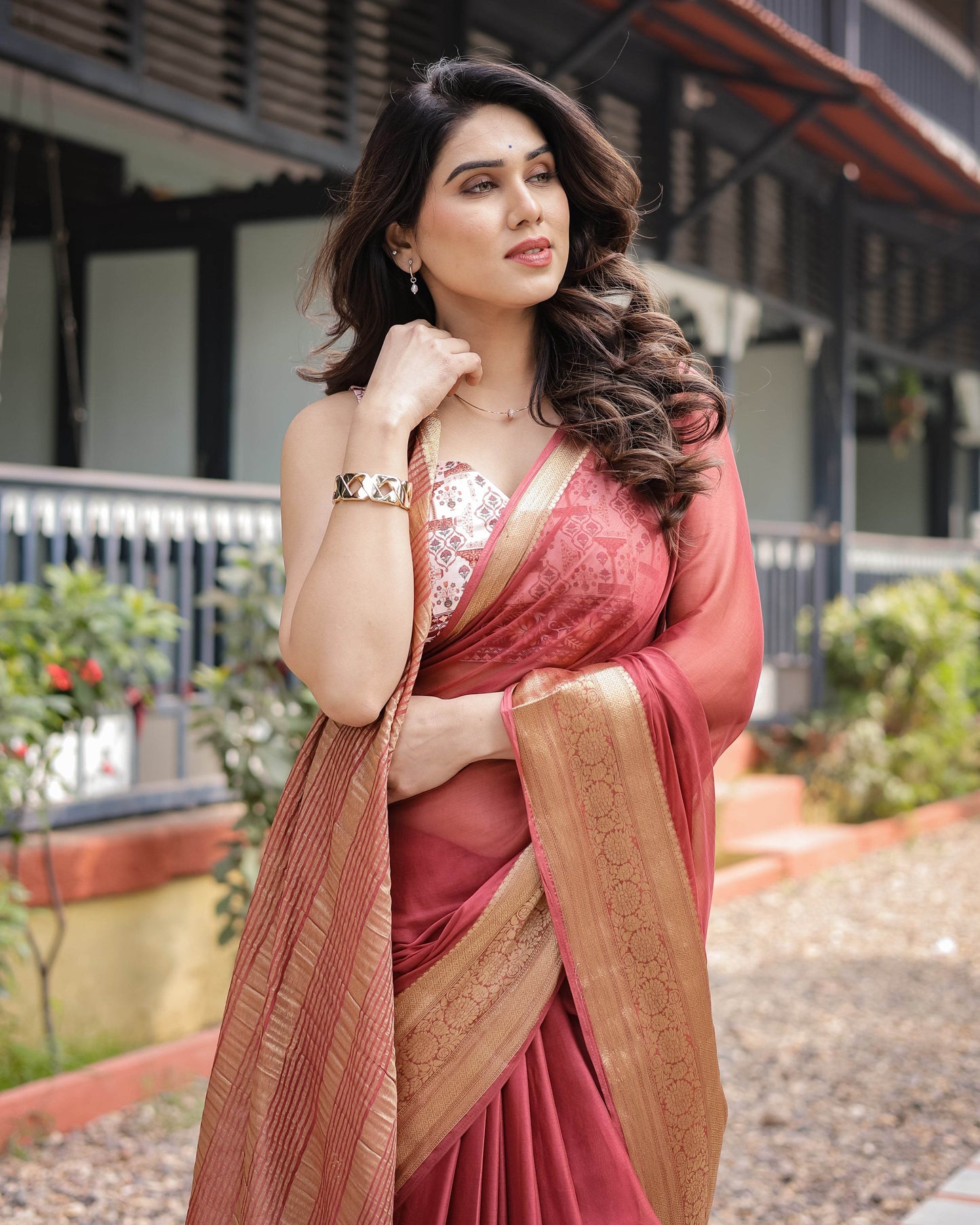 Elegant Maroon Plain Chiffon Saree with Gold Zari Border, Designer Printed Blouse & Tassel Detailing - SEEANS