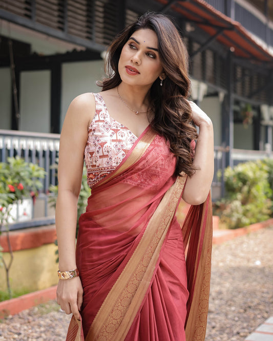 Elegant Maroon Plain Chiffon Saree with Gold Zari Border, Designer Printed Blouse & Tassel Detailing - SEEANS