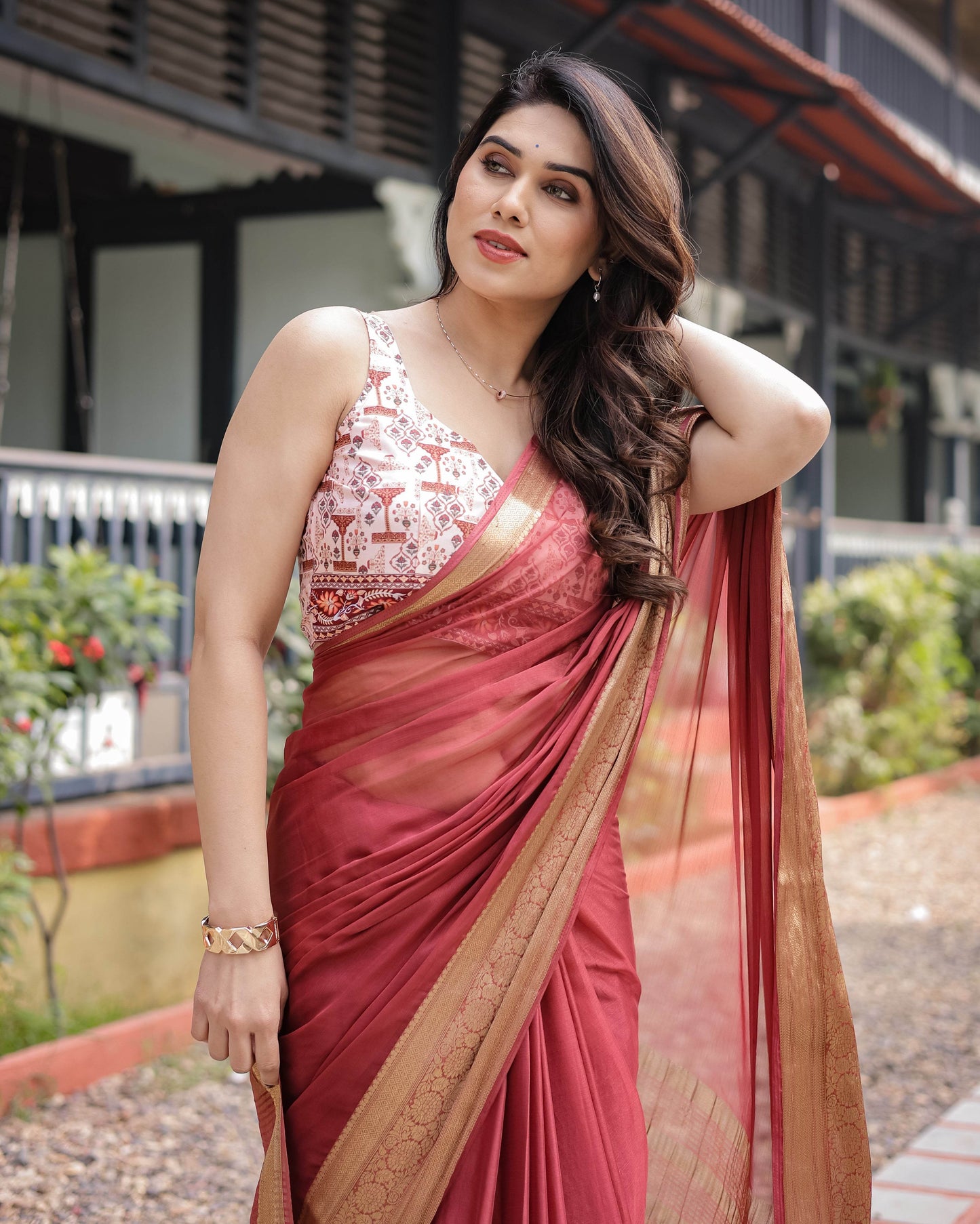 Elegant Maroon Plain Chiffon Saree with Gold Zari Border, Designer Printed Blouse & Tassel Detailing - SEEANS