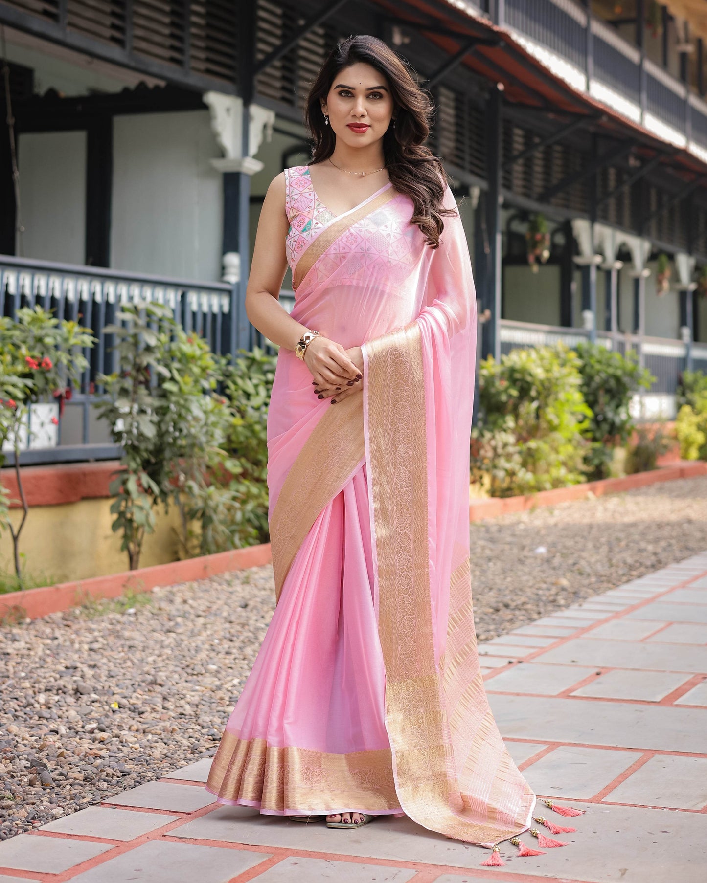 Soft Baby Pink Plain Chiffon Saree with Gold Zari Border, Geometric Embroidered Blouse & Tassel Detailing - SEEANS