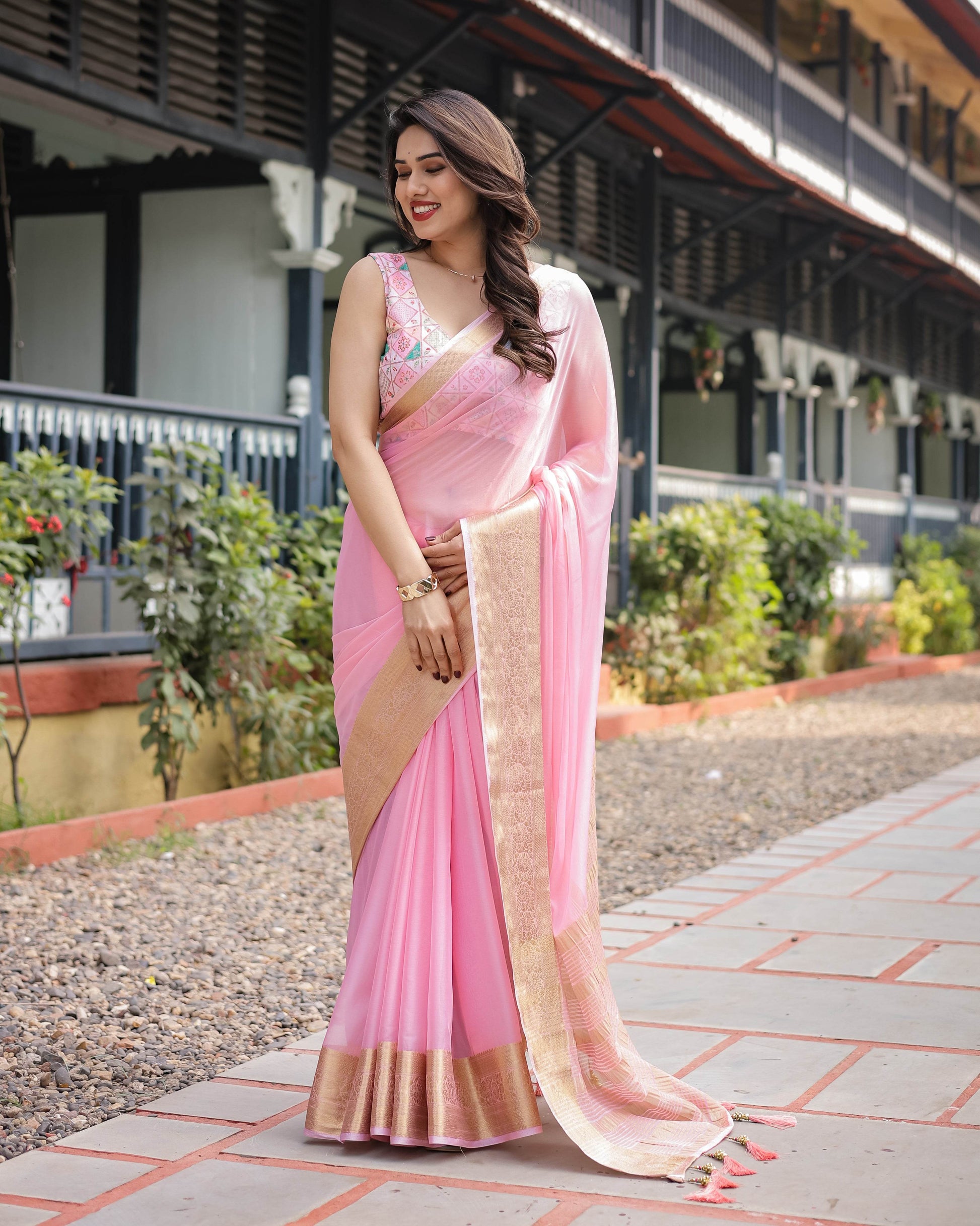 Soft Baby Pink Plain Chiffon Saree with Gold Zari Border, Geometric Embroidered Blouse & Tassel Detailing - SEEANS