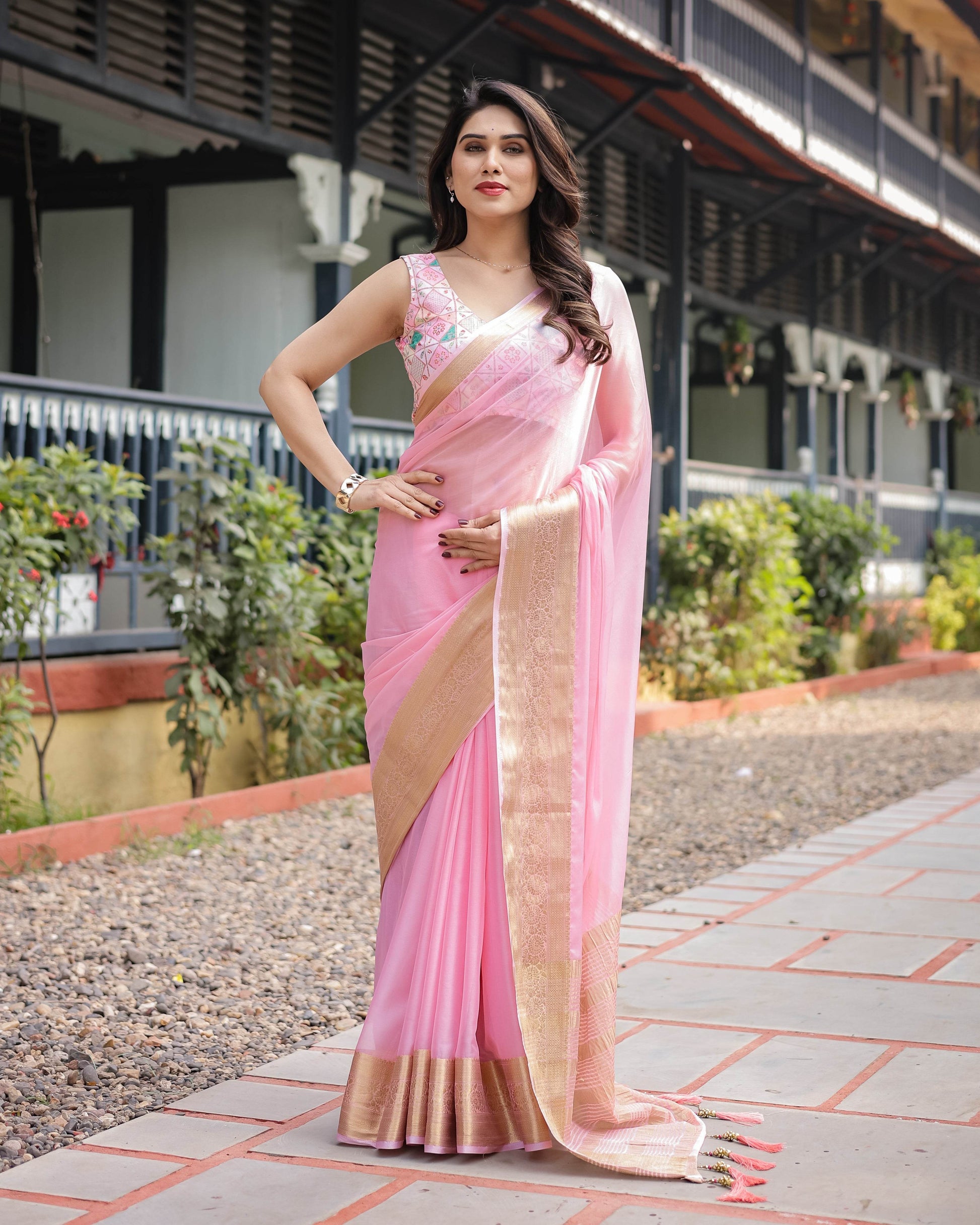 Soft Baby Pink Plain Chiffon Saree with Gold Zari Border, Geometric Embroidered Blouse & Tassel Detailing - SEEANS