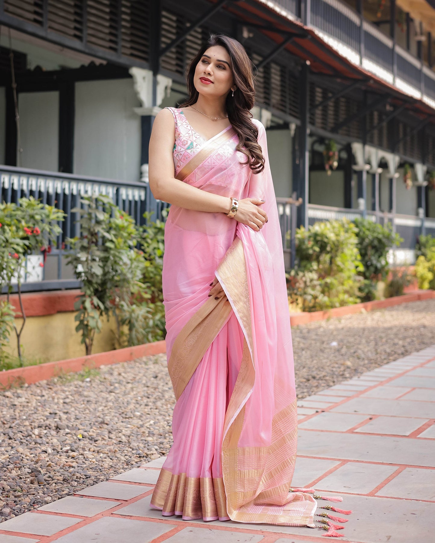 Soft Baby Pink Plain Chiffon Saree with Gold Zari Border, Geometric Embroidered Blouse & Tassel Detailing - SEEANS