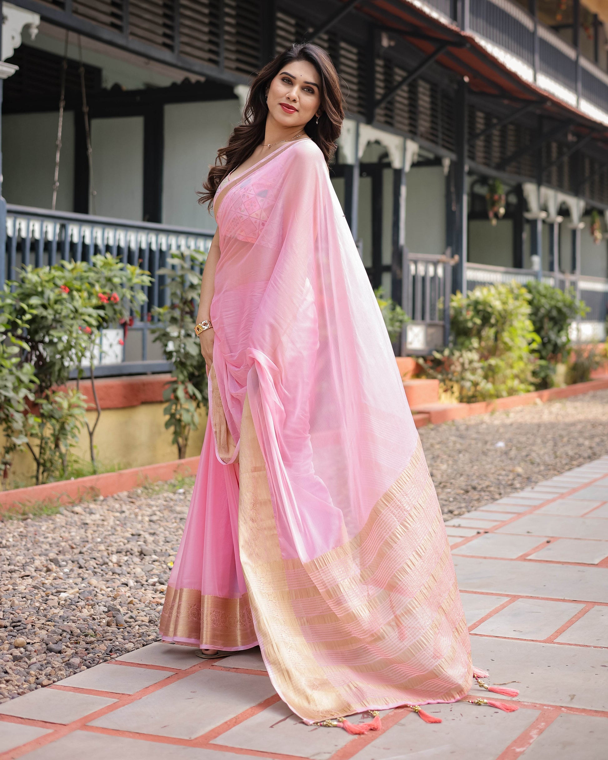 Soft Baby Pink Plain Chiffon Saree with Gold Zari Border, Geometric Embroidered Blouse & Tassel Detailing - SEEANS