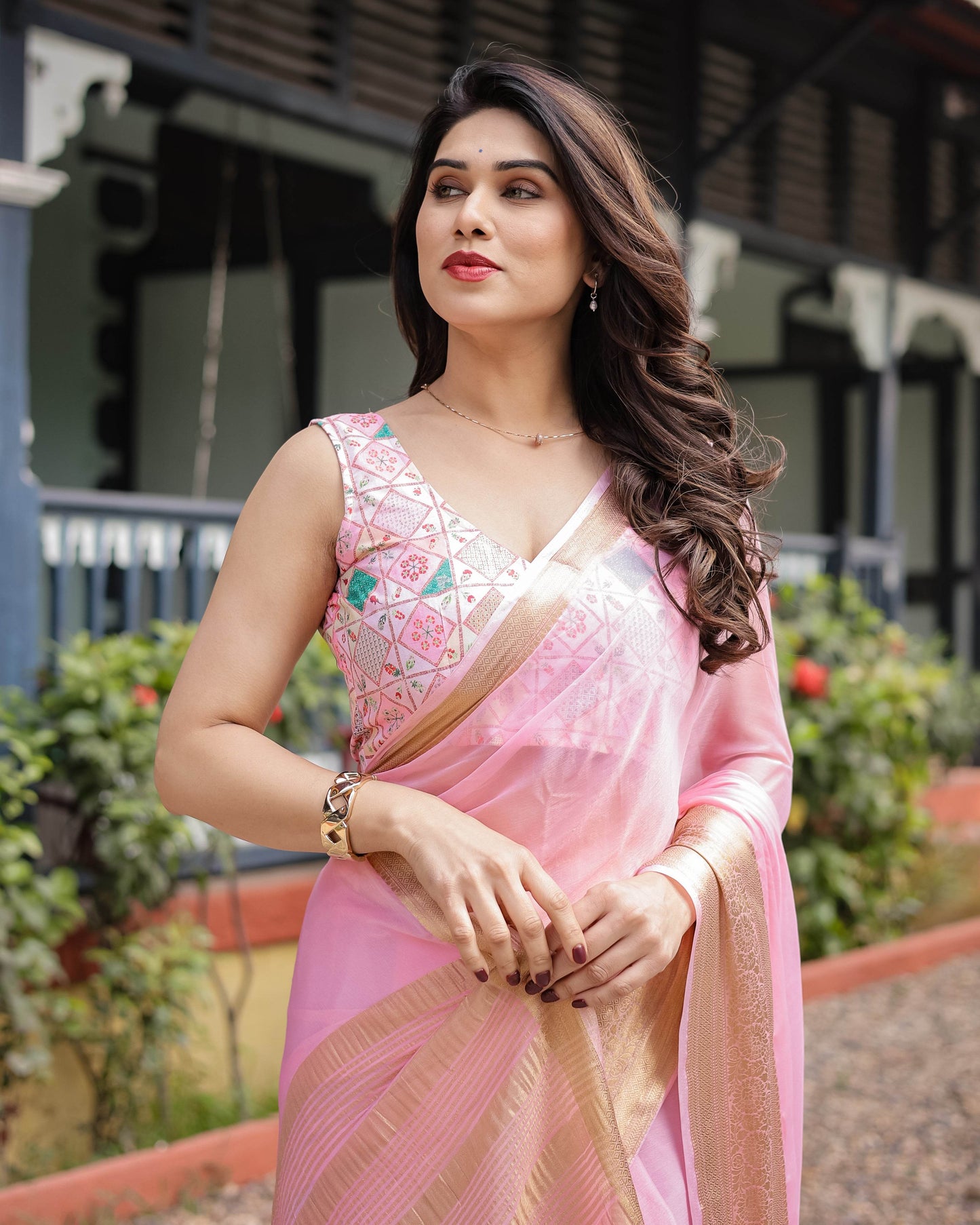 Soft Baby Pink Plain Chiffon Saree with Gold Zari Border, Geometric Embroidered Blouse & Tassel Detailing - SEEANS