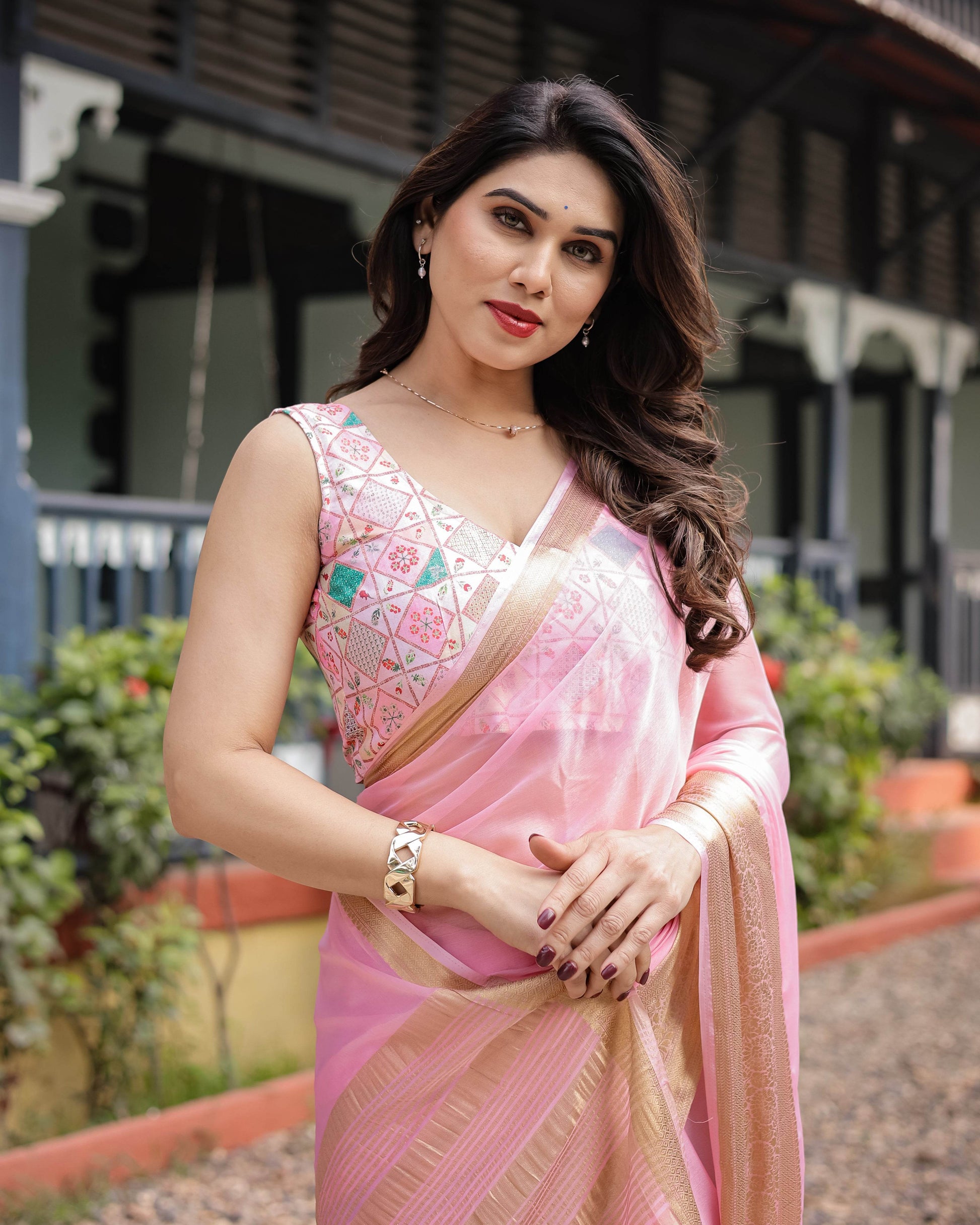 Soft Baby Pink Plain Chiffon Saree with Gold Zari Border, Geometric Embroidered Blouse & Tassel Detailing - SEEANS