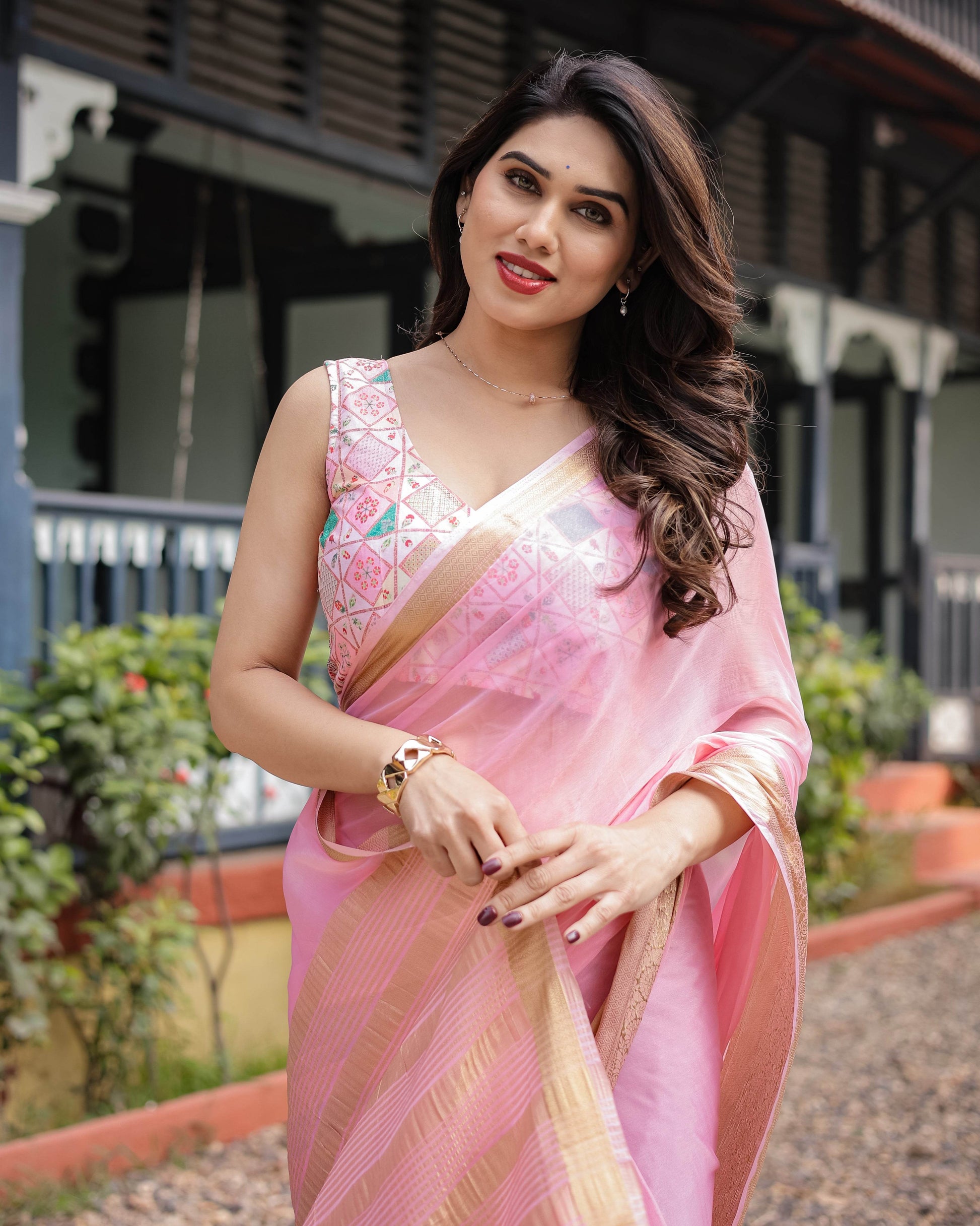 Soft Baby Pink Plain Chiffon Saree with Gold Zari Border, Geometric Embroidered Blouse & Tassel Detailing - SEEANS